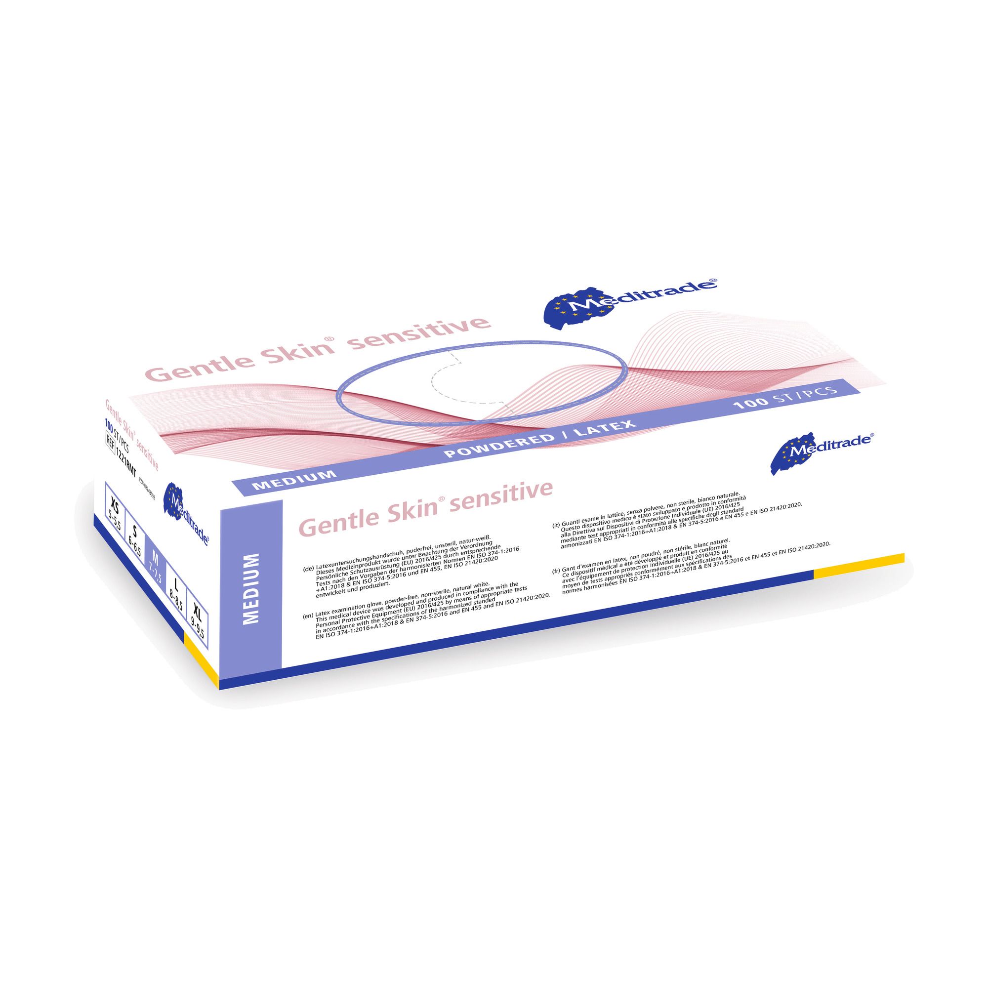 Meditrade Gentle Skin sensitive Untersuchungshandschuhe, Gr. M, Latex, puderbasiert, 100 Stück.