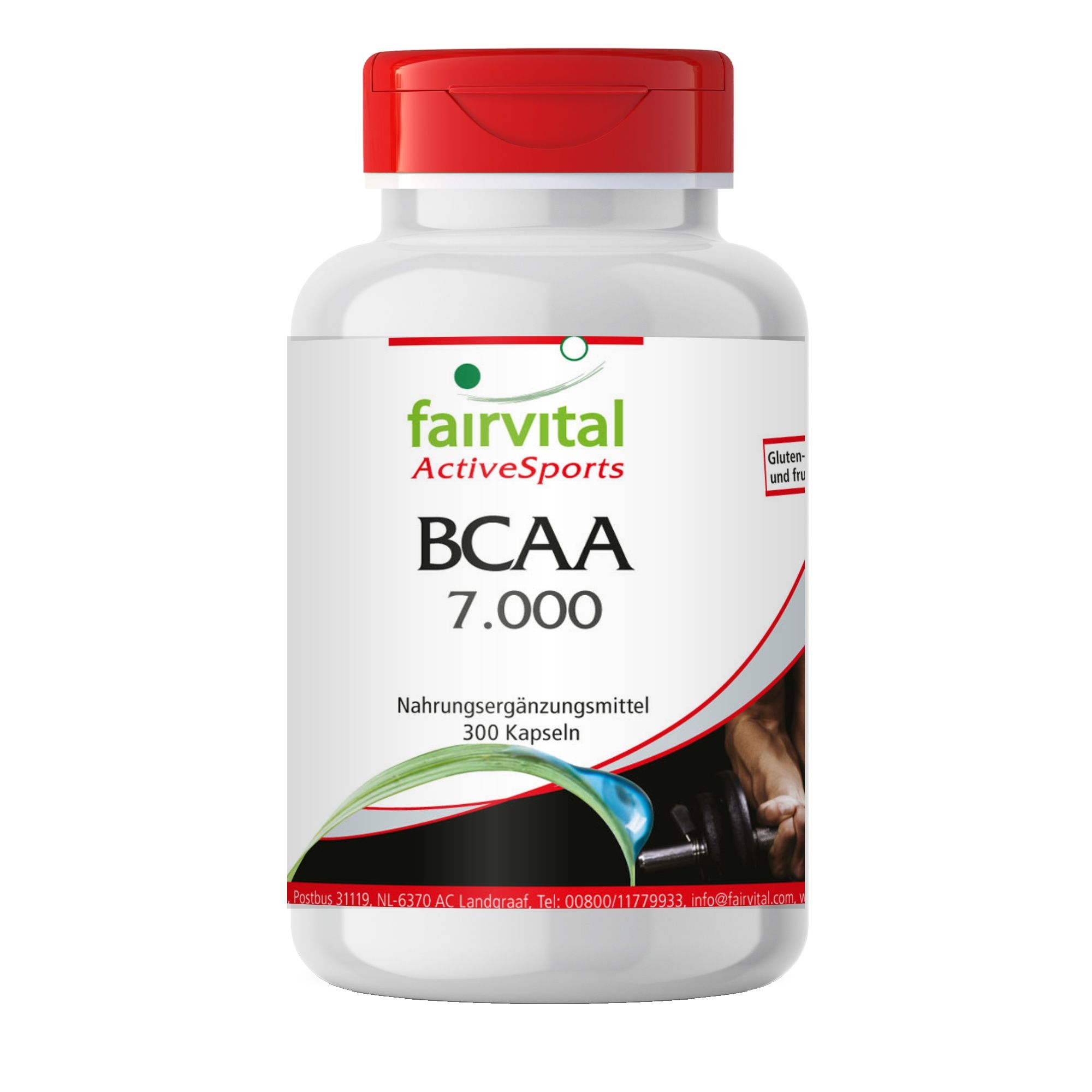 Weiße Kapsel-Flasche mit rotem Deckel, Fairvital BCAA 7.000, 300 Kapseln.