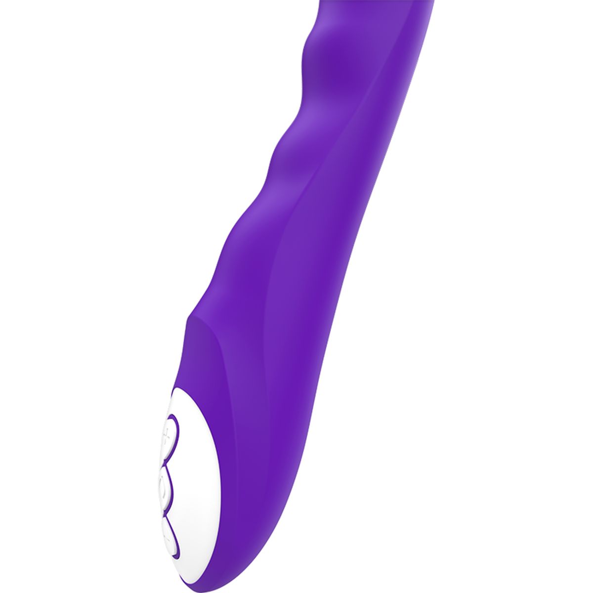Nahaufnahme eines lila Vibrators. Deutlich sichtbar sind die wellenförmige Form und das weiße Bedienfeld.