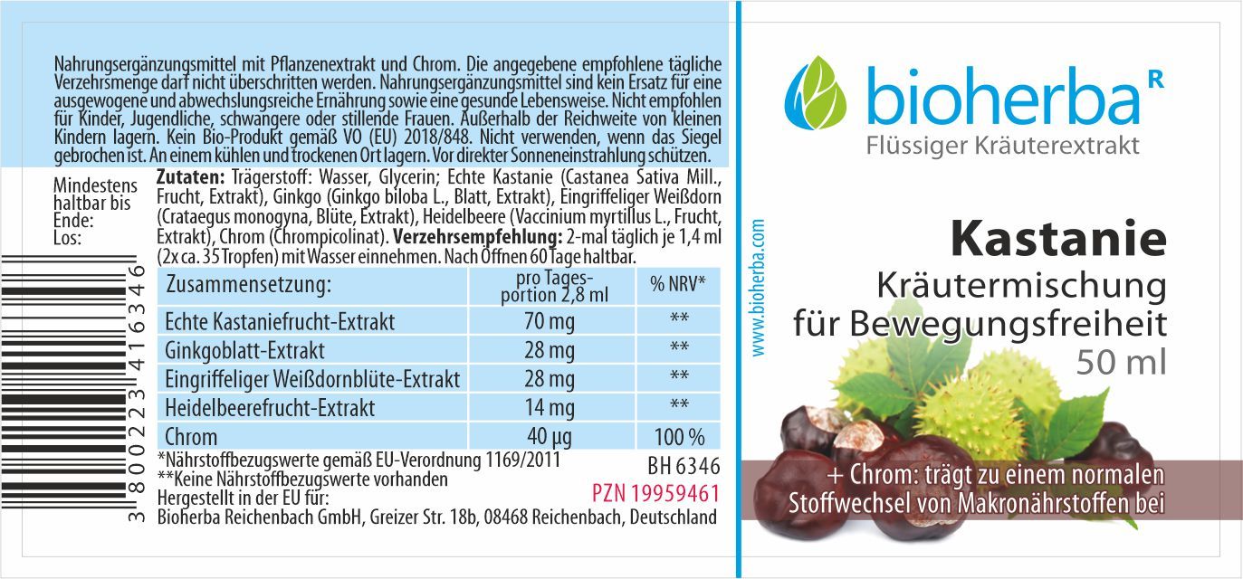 Etikett mit Produktinformationen. Enthält Kastanie Kräutermischung, 50 ml. Marke: Bioherba. Zutatenliste und Nährwertangaben.
