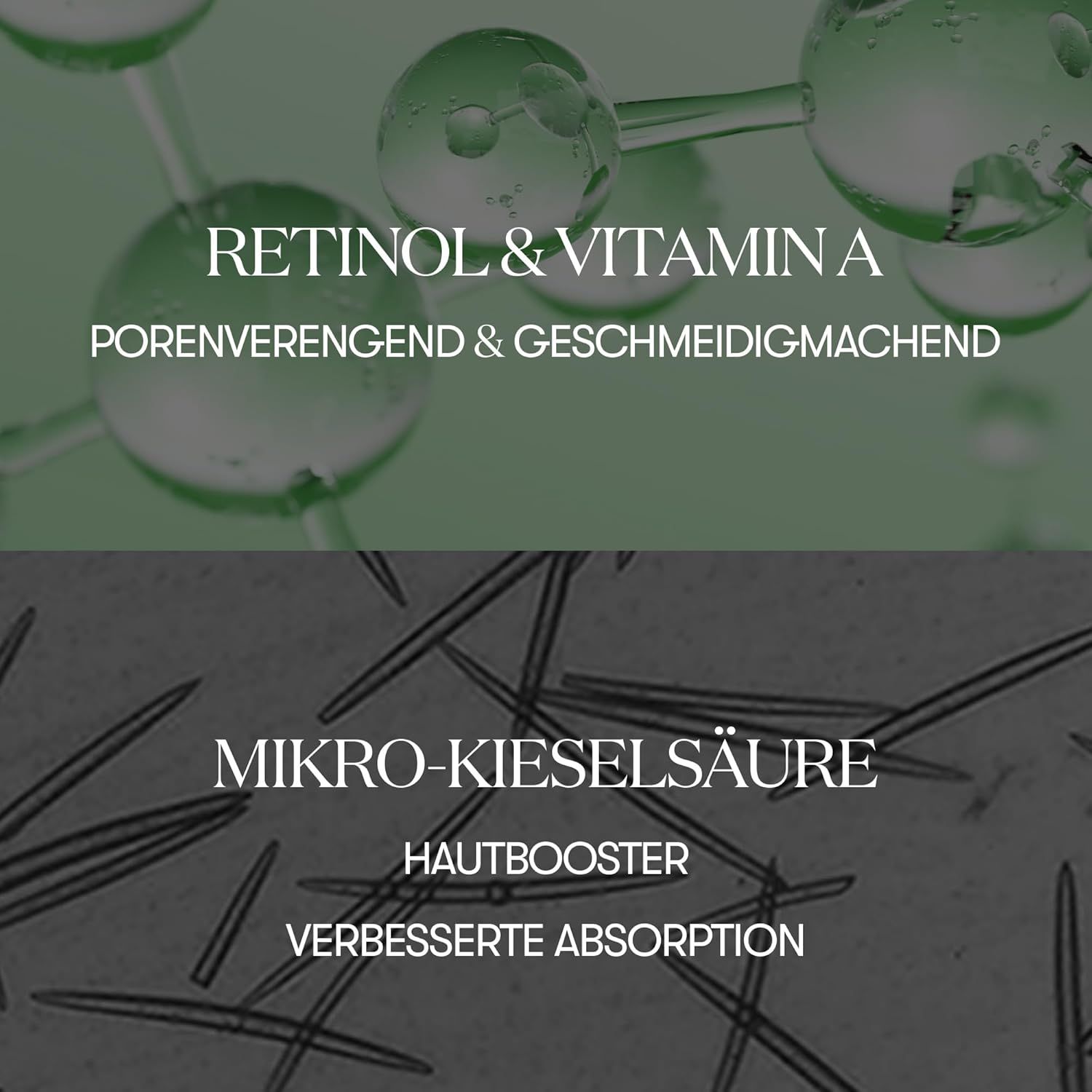 Molekulare Struktur und Mikronadeln. Text: Retinol & Vitamin A, Mikro-Kieselsäure.