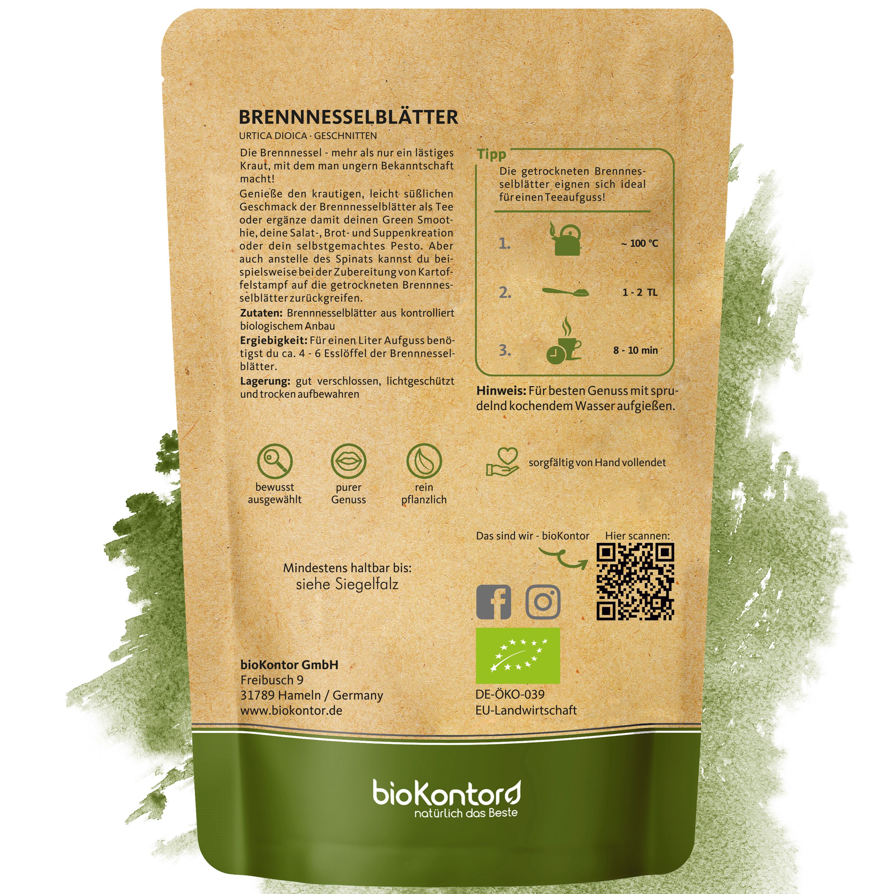 Bio-Kräutertee Brennnesselblätter in brauner Papiertüte mit Siegel und Bio-Siegel.