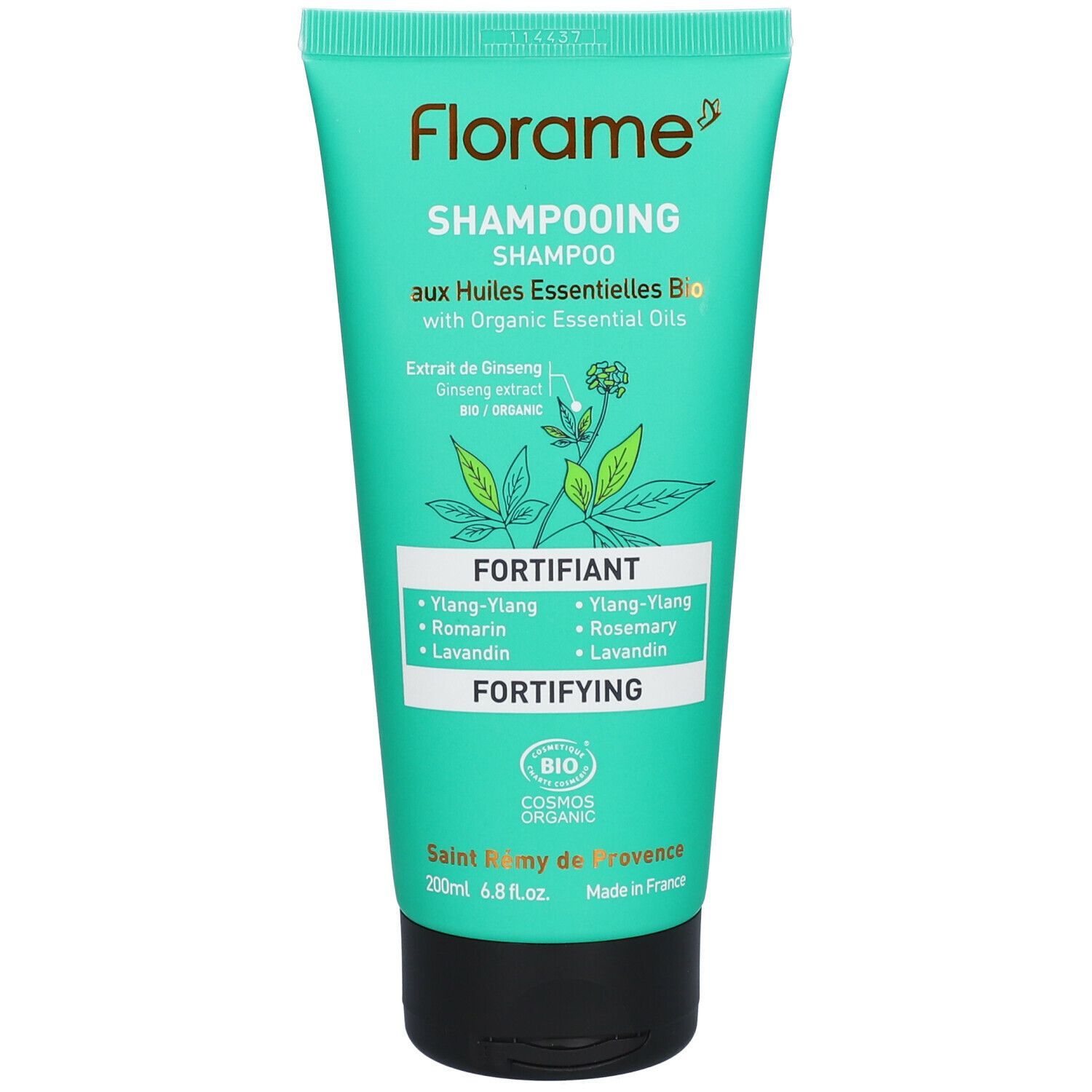 Türkisfarbene Tube mit "Florame" und "Shampoo" Schriftzug. Enthält Bio-Zertifizierung und Inhaltsstoffangaben.