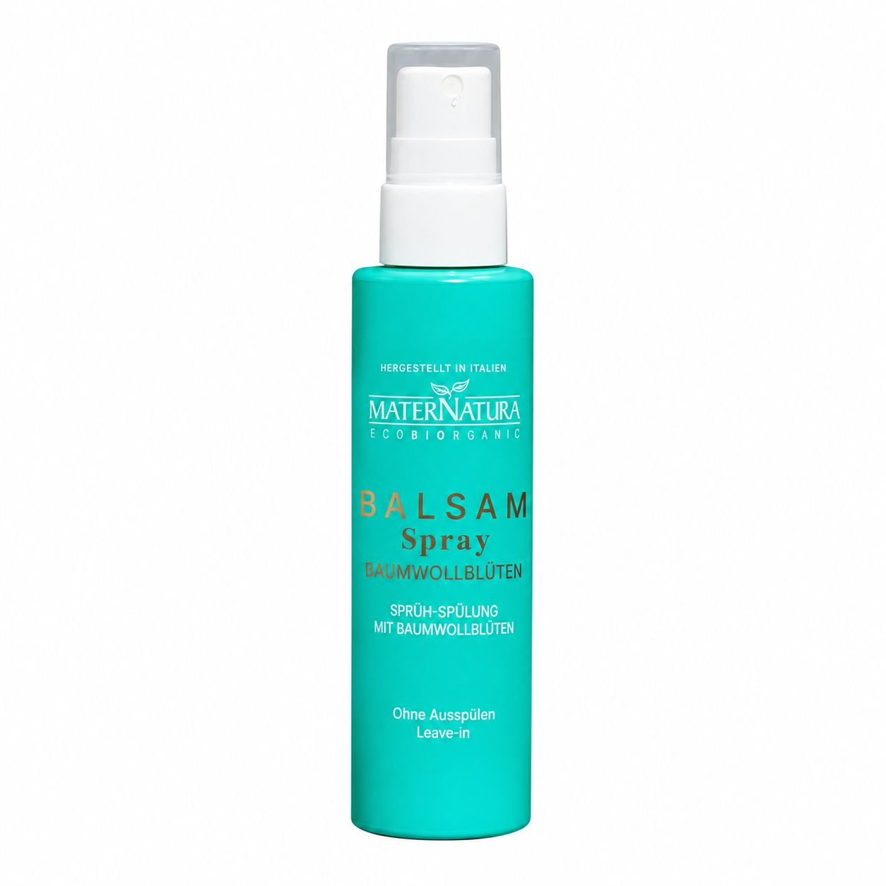 Türkiser Pumpsprühflakon mit weißem Sprühkopf. MaterNatura Balsam Spray.
