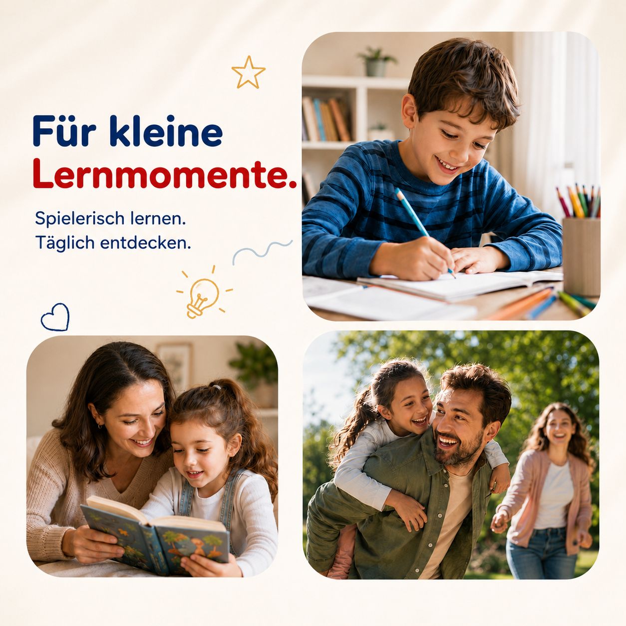 Collage: Junge lernt, Familie liest, Familie im Freien, Gummily Kinder DHA.