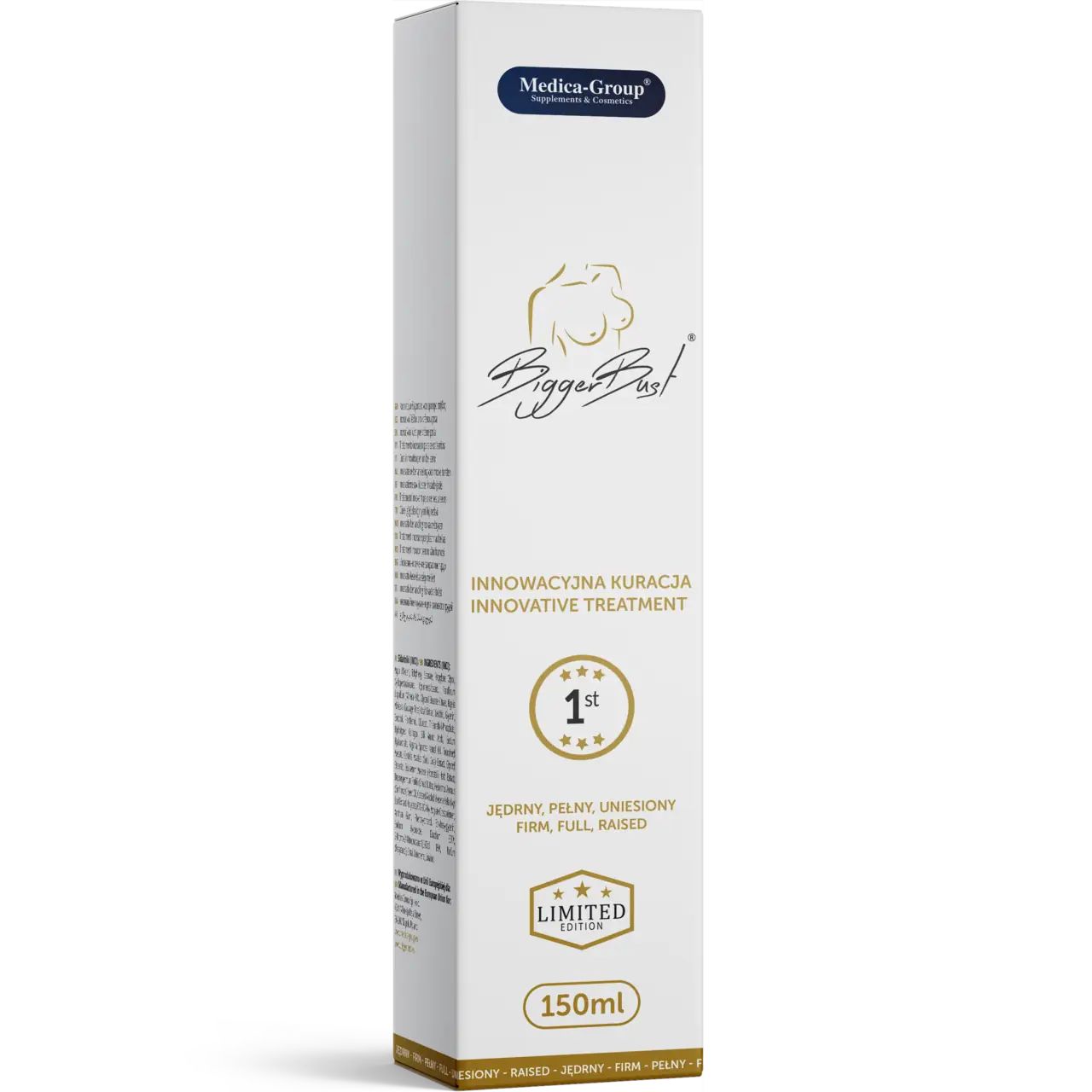 Weiße Verpackung mit Produktnamen und Logo. Text: Innovative Behandlung. 150ml. Zertifizierungen.