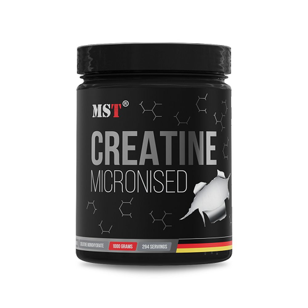 Schwarzer Behälter mit MST Creatin Micronised, 1000g, 294 Portionen. Deutsche Flagge unten.