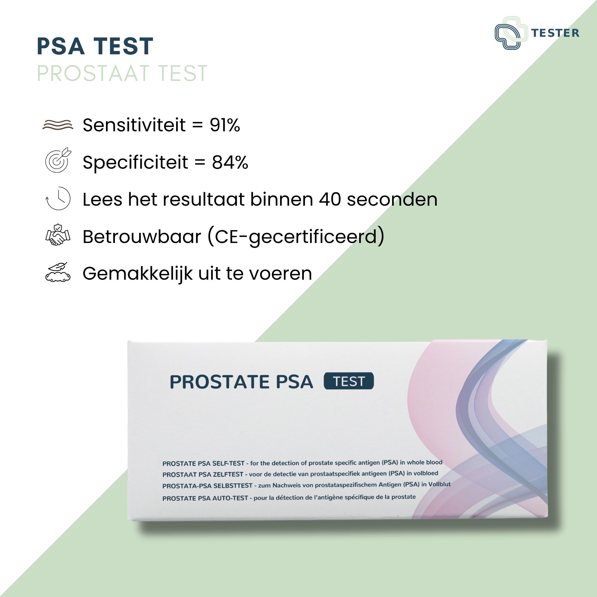 Verpackung mit Aufschrift PROSTATE PSA TEST. Angaben zu Sensitivität und Spezifität. CE-Zertifizierung. Text in Deutsch und Englisch.