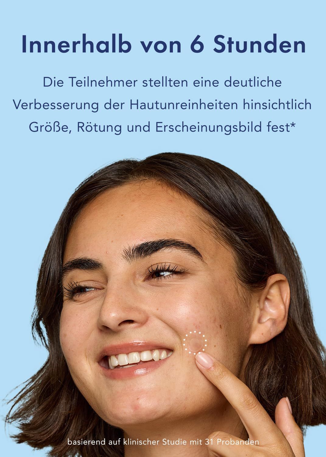 Frau mit Patch auf der Haut. Text: "Innerhalb von 6 Stunden". Patch auf dem Gesicht. Finger zeigt auf den Patch.