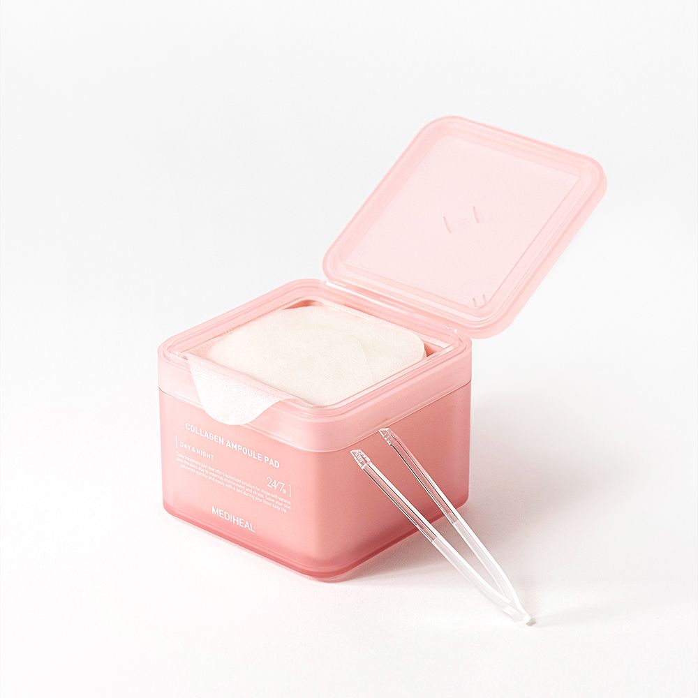 Geöffnete rosa Dose mit Pads und Pinzette. MEDIHEAL Collagen Ampoule Pad. Pads in der Dose.