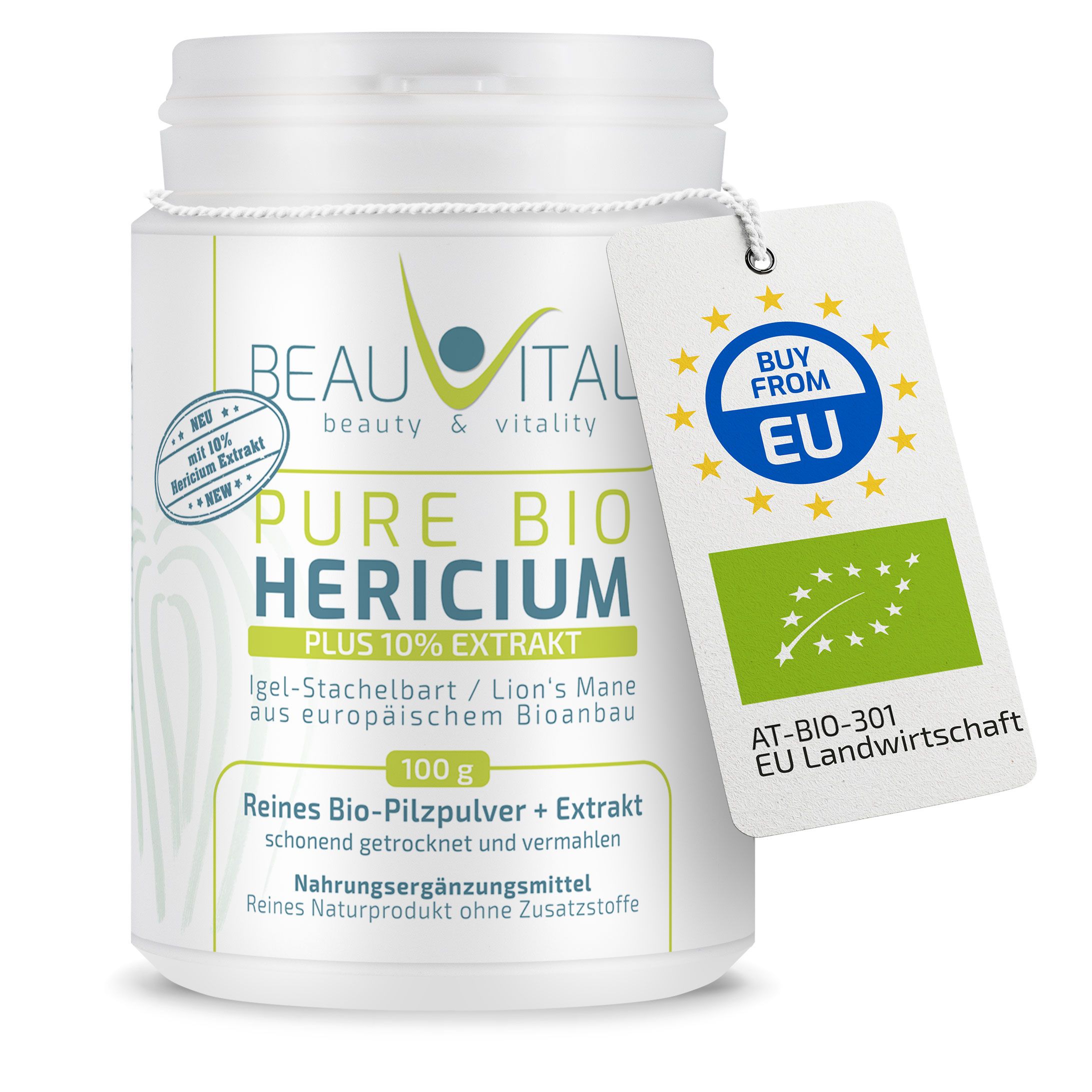 BEAUVITAL Pure Bio Hericium Pulver in weißem Behälter mit EU Bio-Siegel und Löwenmähnepilz.