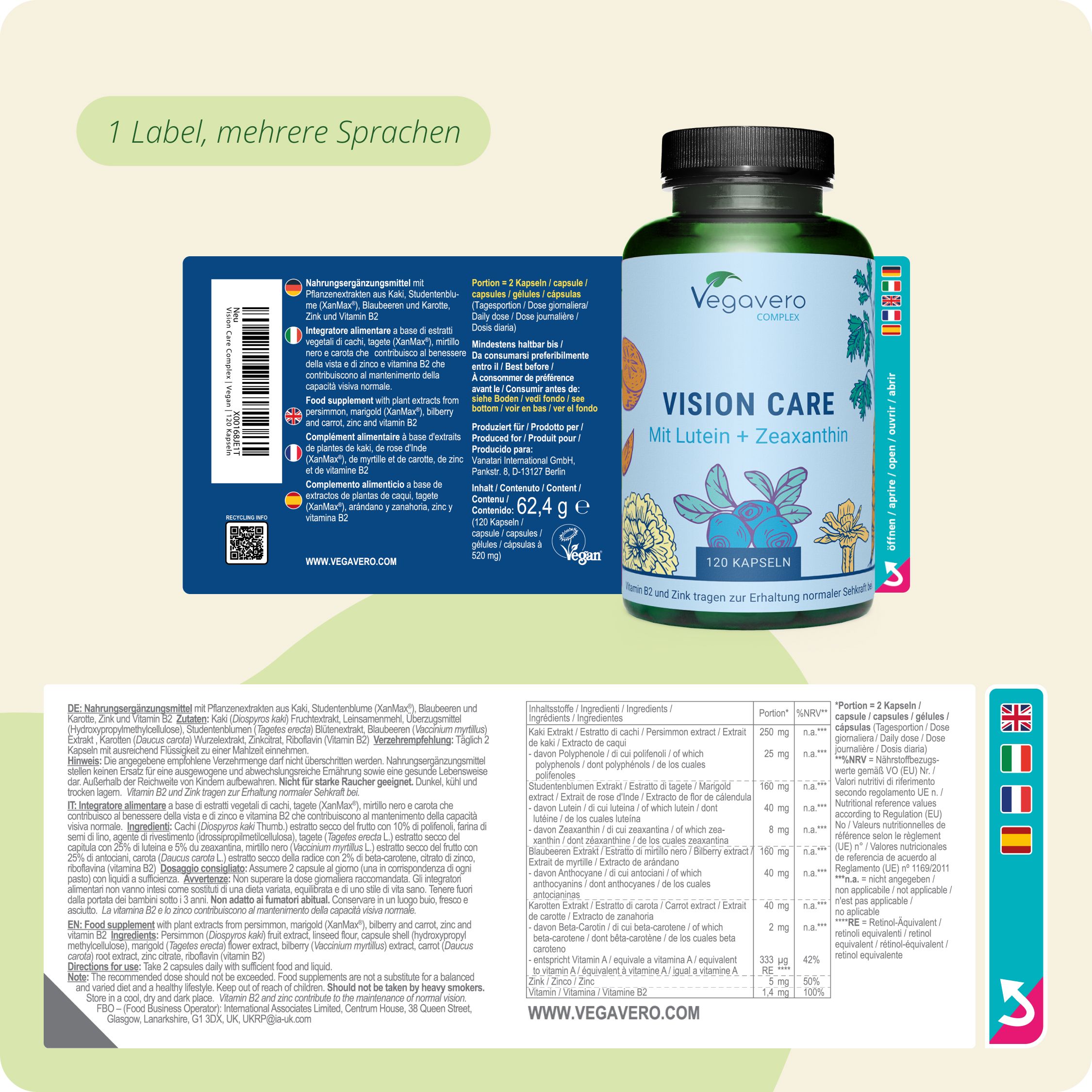Etikett und Flasche Vegavaro Vision Care Complex mit Nährwertangaben und Inhaltsstoffen.