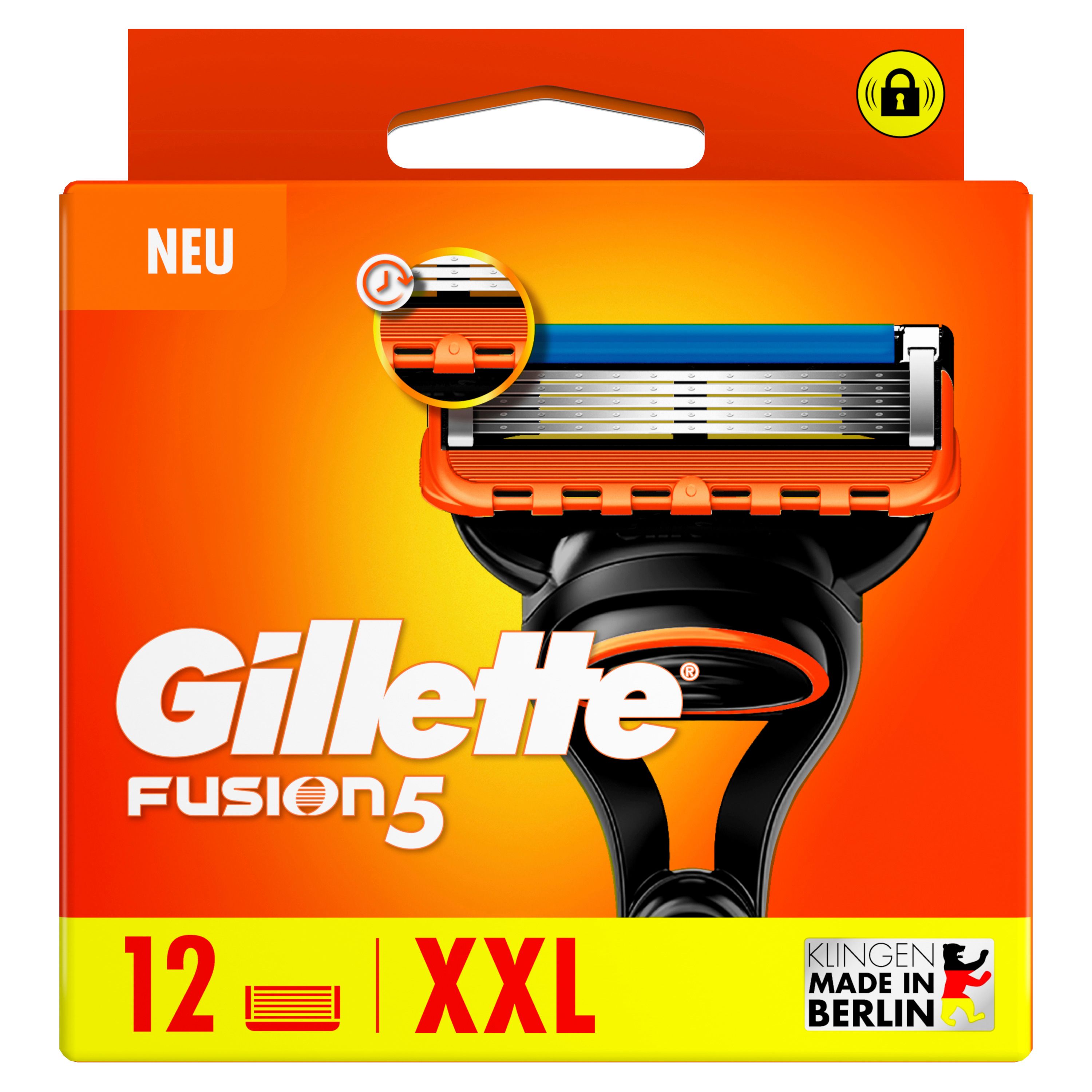 Gillette Fusion 5 Rasierklingen. Packung mit 12 XXL Klingen. Orange und Schwarz. Made in Berlin.