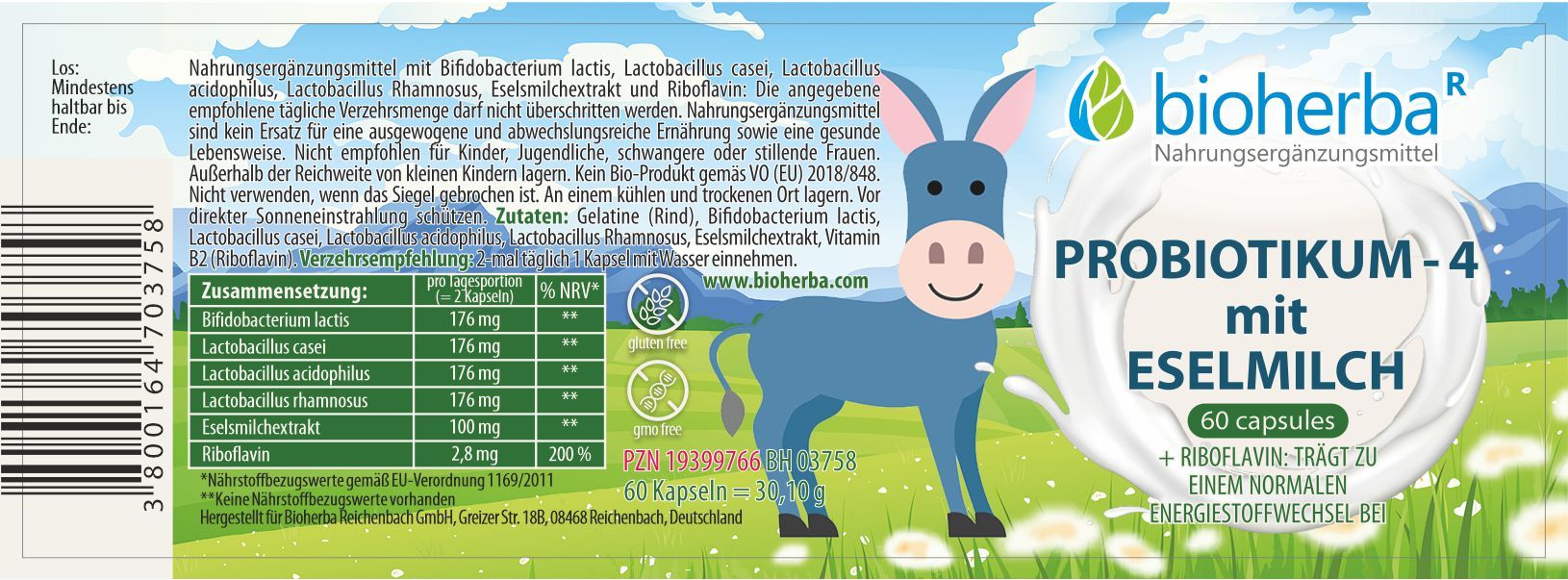 Etikett mit Produktinformationen. Enthält Text, eine Abbildung eines Esels und das Logo von Bioherba. 60 Kapseln.