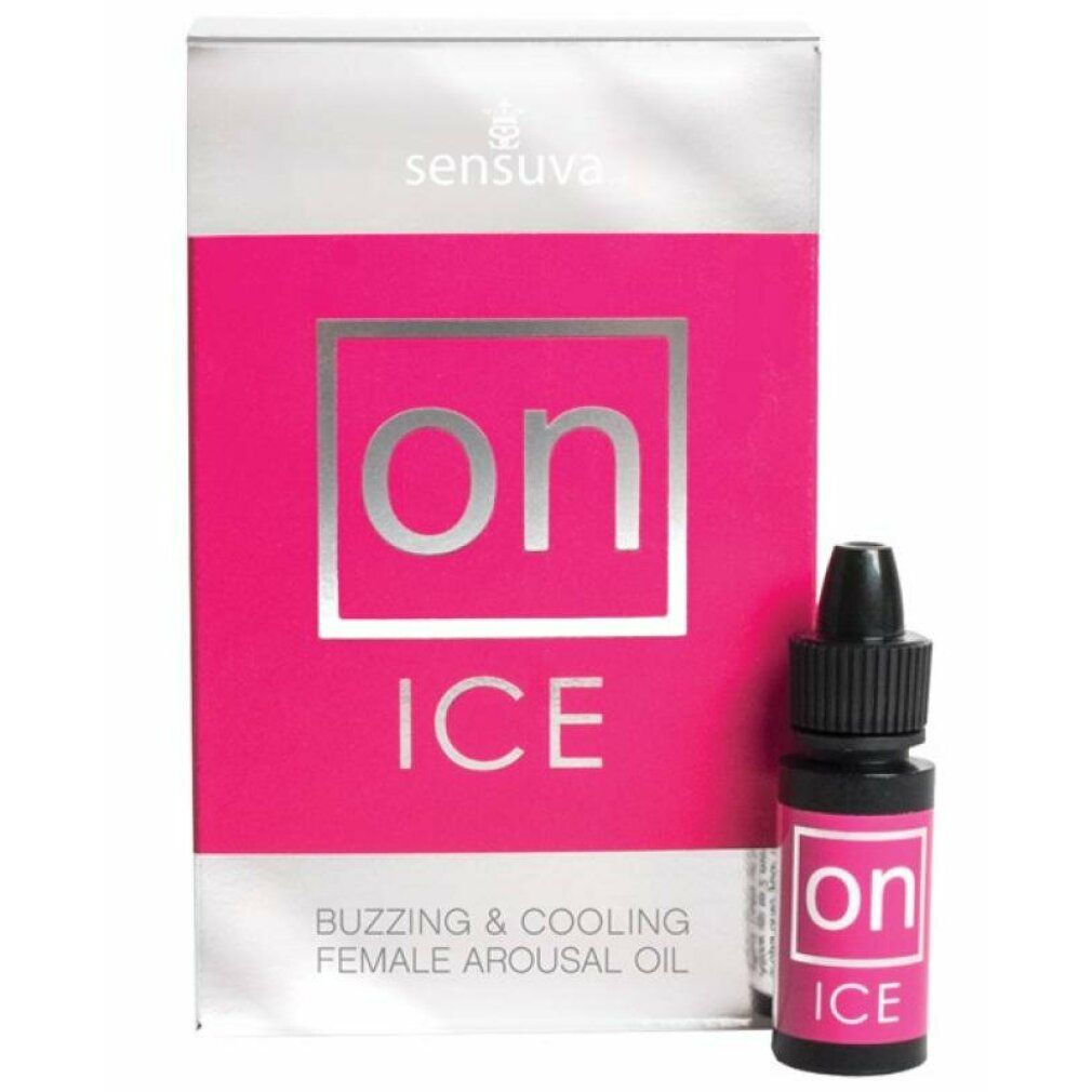Rosa Verpackung mit "on ICE" Schriftzug und Flasche. Text: "Buzzing & Cooling Female Arousal Oil".