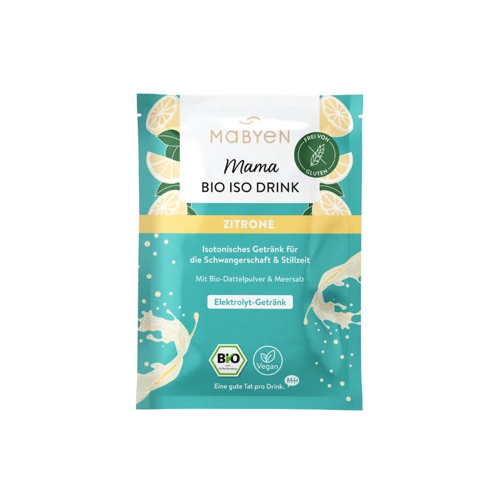 Einzelner Beutel MABYEN Mama Bio Iso Drink, Zitrone. Türkis-weißes Design mit Produktnamen, Bio-Siegel und Text. Glutenfrei und vegan.