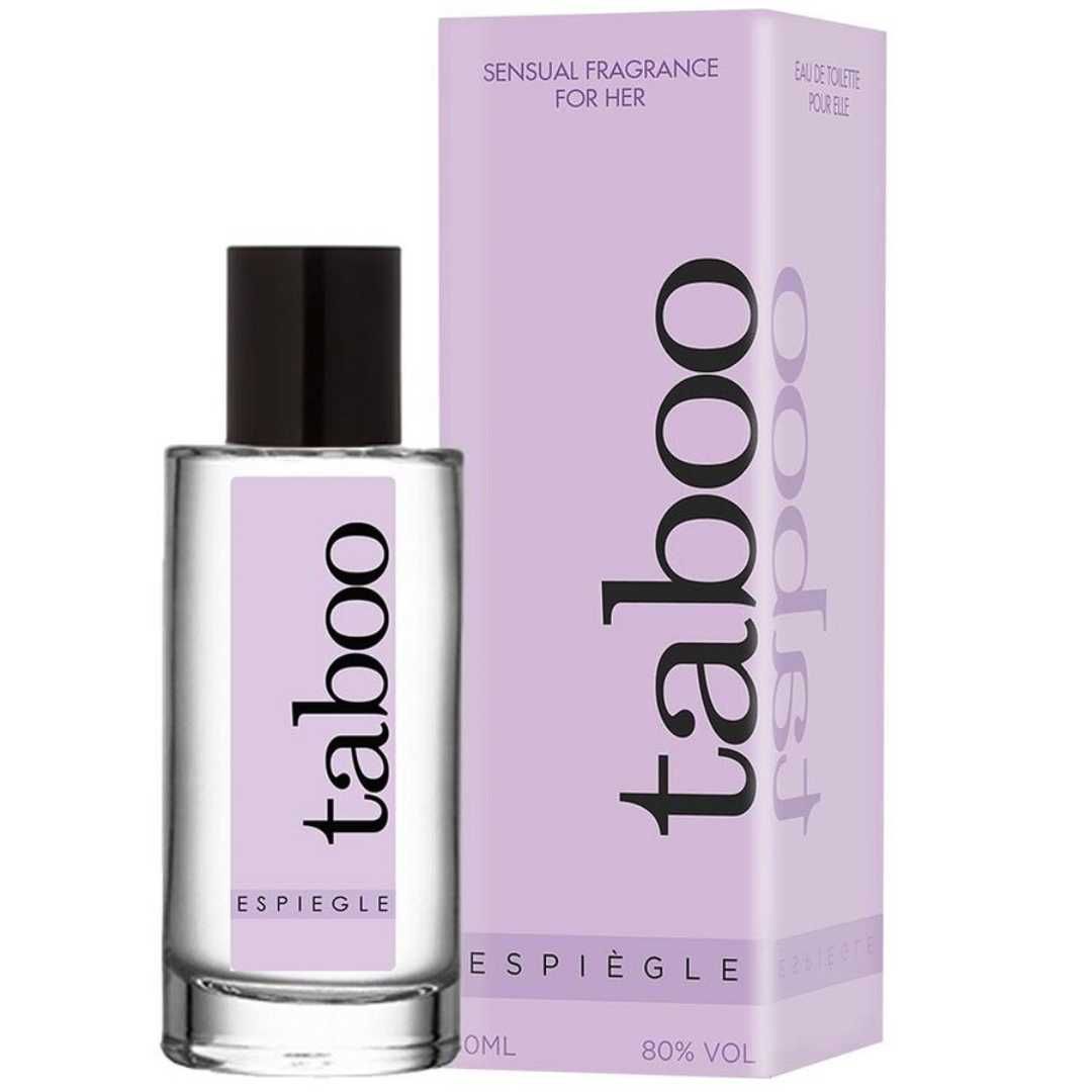 Parfümflasche und Verpackung. Flasche mit schwarzem Deckel, lila Etikett mit "taboo". Verpackung mit "taboo" und "ESPIEGLE".