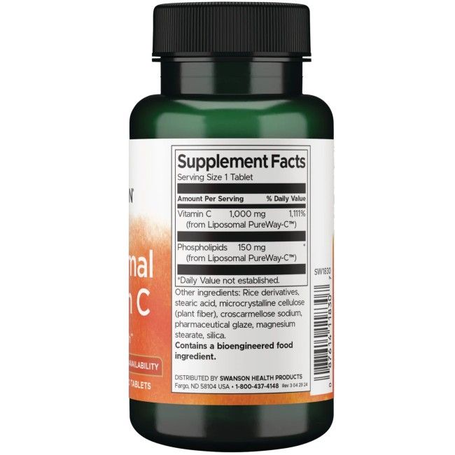 Rückseite der Swanson Liposomal Vitamin C Flasche mit Nährwertangaben und Inhaltsstoffen.