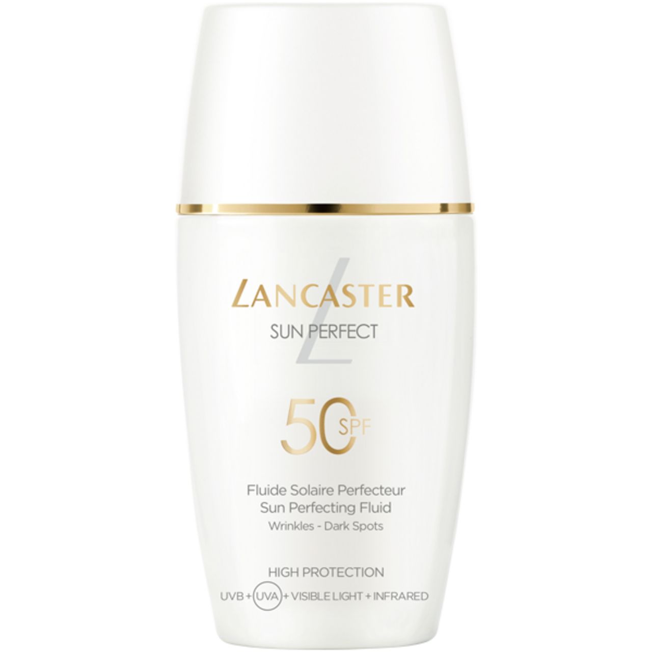 Weiße Flasche mit goldener Schrift. Aufschrift: Lancaster Sun Perfect 50 SPF. Text: Fluide Solaire Perfecteur, Wrinkles - Dark Spots.