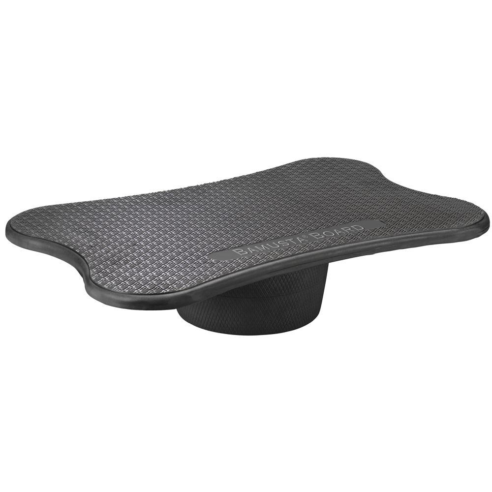 Schwarzes Balance Board mit gewellter Oberfläche und zylindrischem Sockel. BAMUSTA BOARD Schriftzug sichtbar.