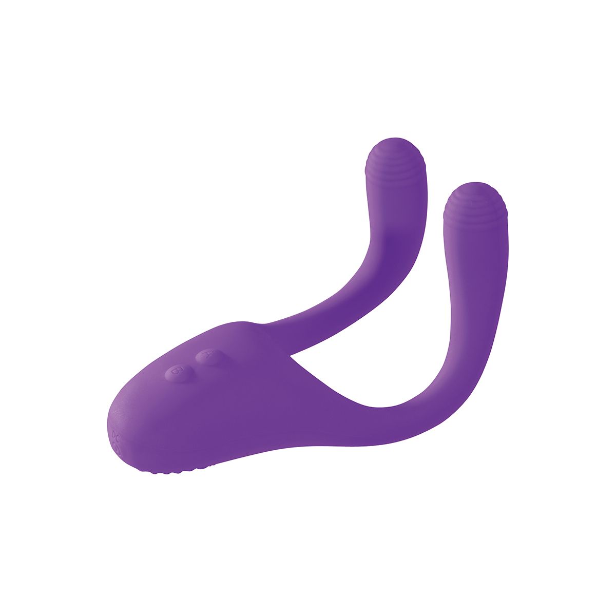 Lila Produkt mit U-Form. Zwei abgerundete Enden. Zwei Knöpfe am unteren Ende.