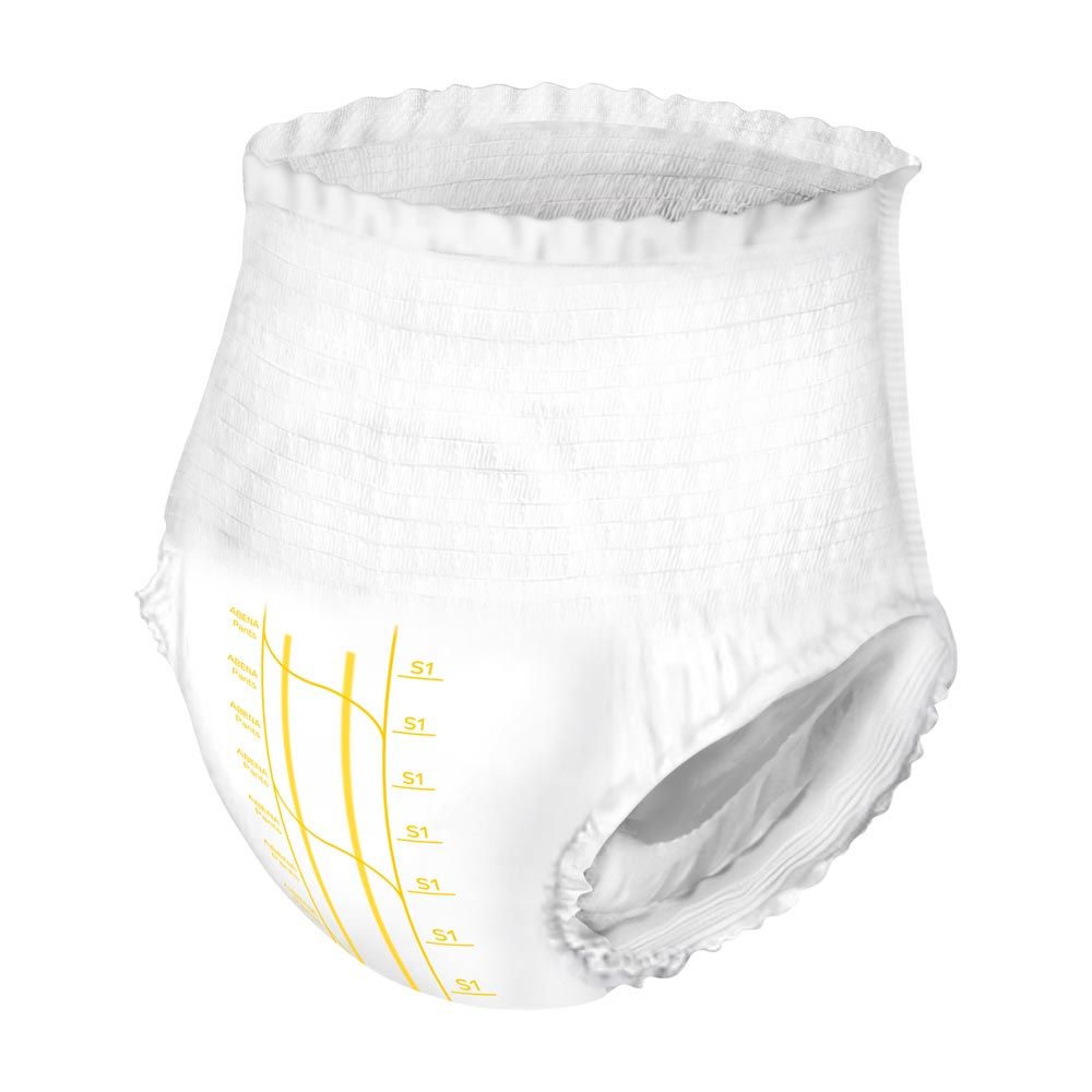 Weiße Windelhose, Abena Pants Premium S1. Gelbe Markierungen. Elastischer Bund. Für Blasenschutz.