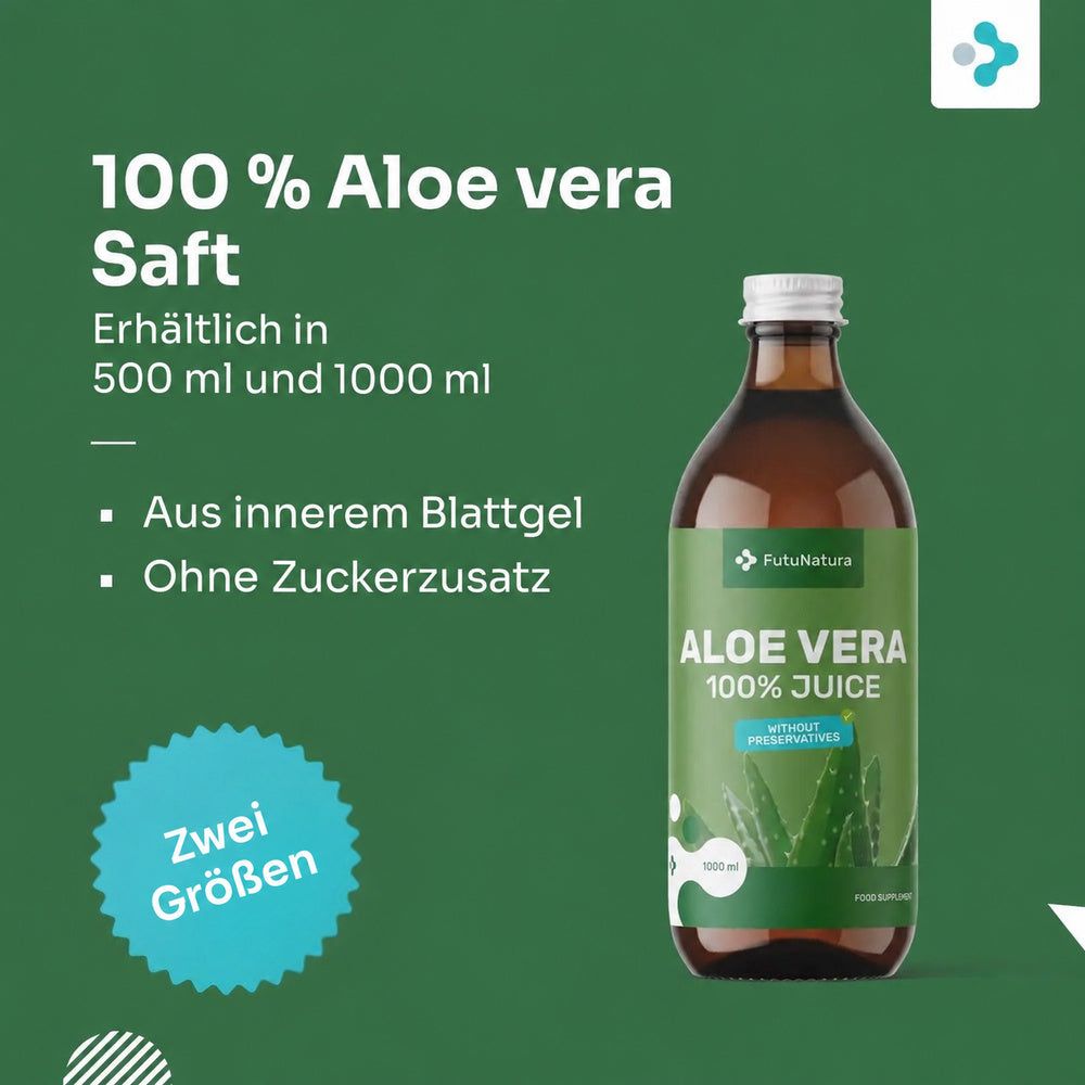 Flasche FutuNatura Aloe Vera Saft, Text über verfügbare Größen und Inhaltsstoffe.