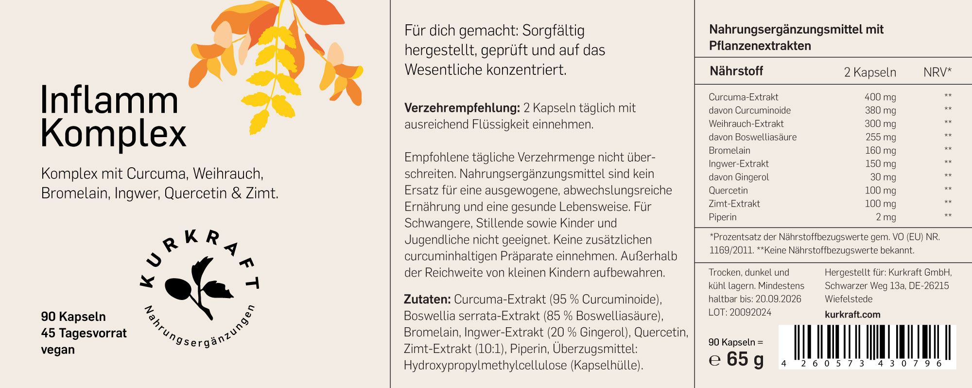 Produktetikett: Inflamm Komplex, 90 Kapseln, vegan. Inhaltsstoffe und Nährwertangaben. Marke: Kurkraft©.