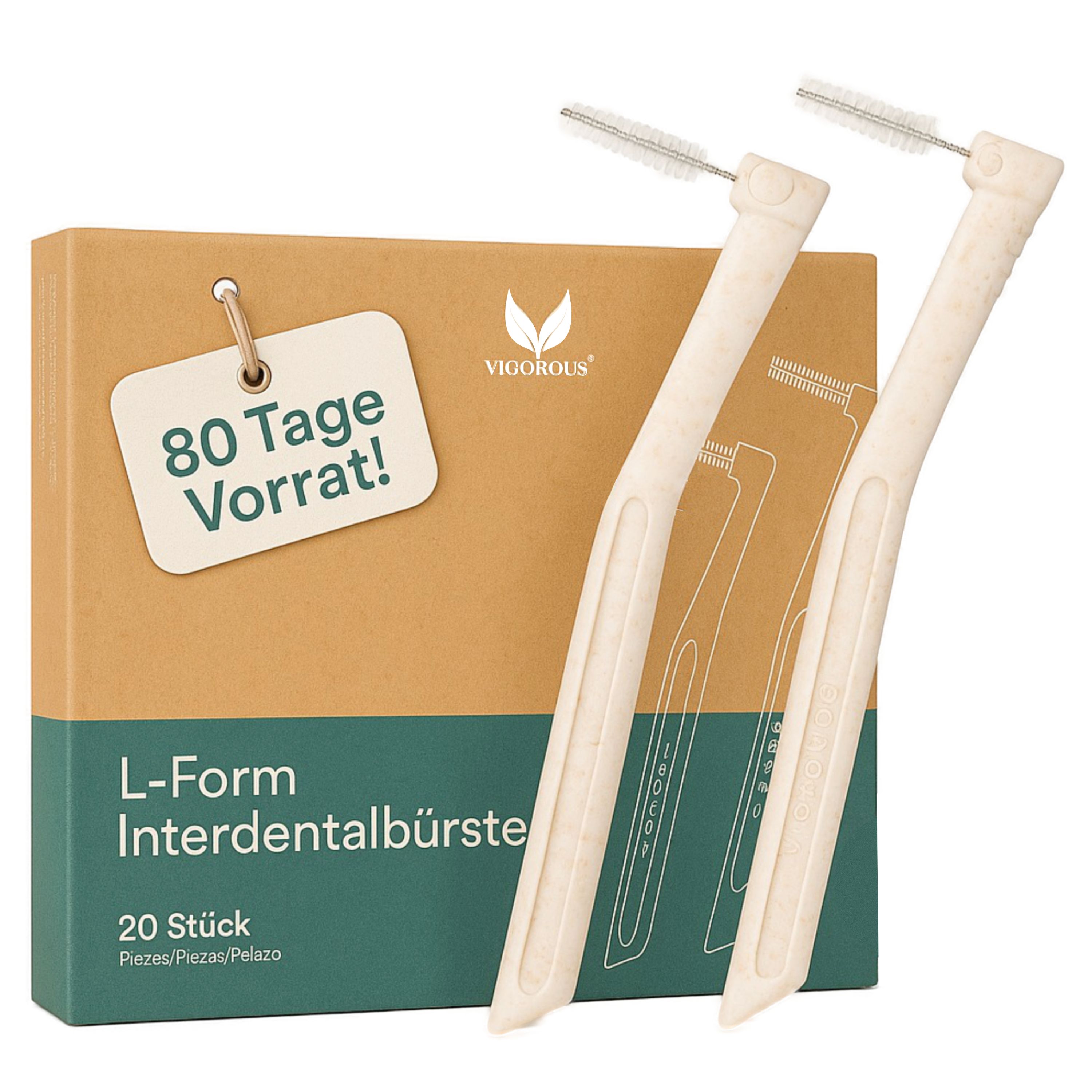 Karton mit 20 L-Form Interdentalbürsten. Aufschrift: 80 Tage Vorrat! Logo: VIGOROUS®. Produktname: L-Form Interdentalbürsten.