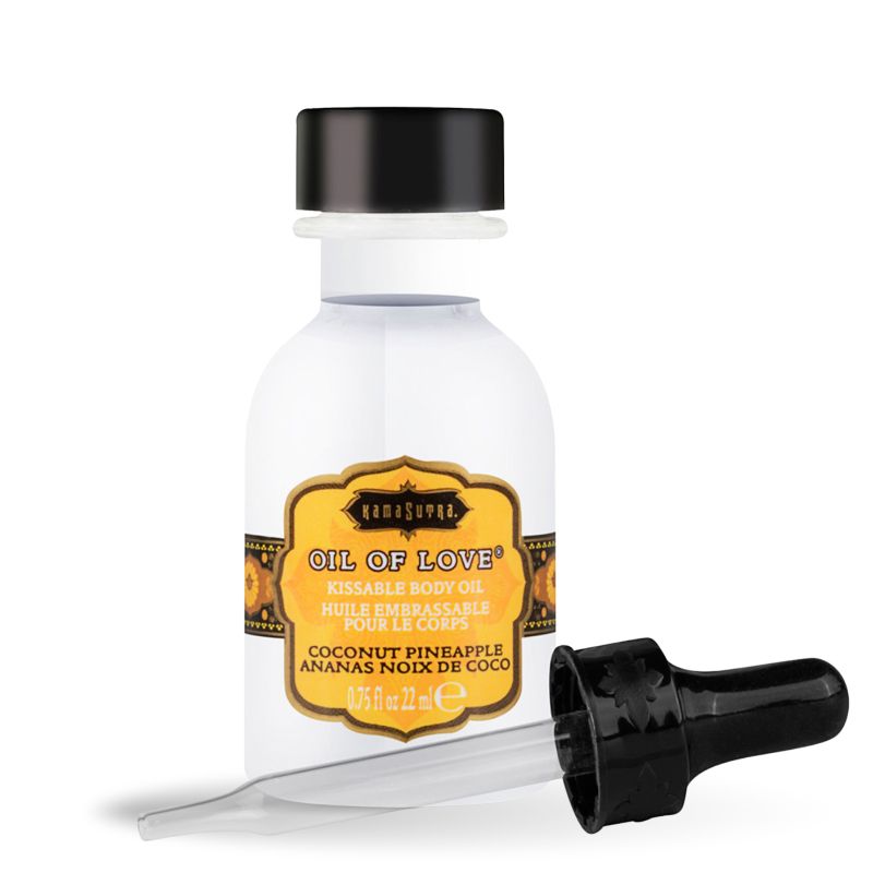 Kamasutra Ölflasche mit Pipette. Aufschrift: Oil of Love, Kokosnuss/Ananas. Weiße Flasche, schwarzer Deckel und Pipette.