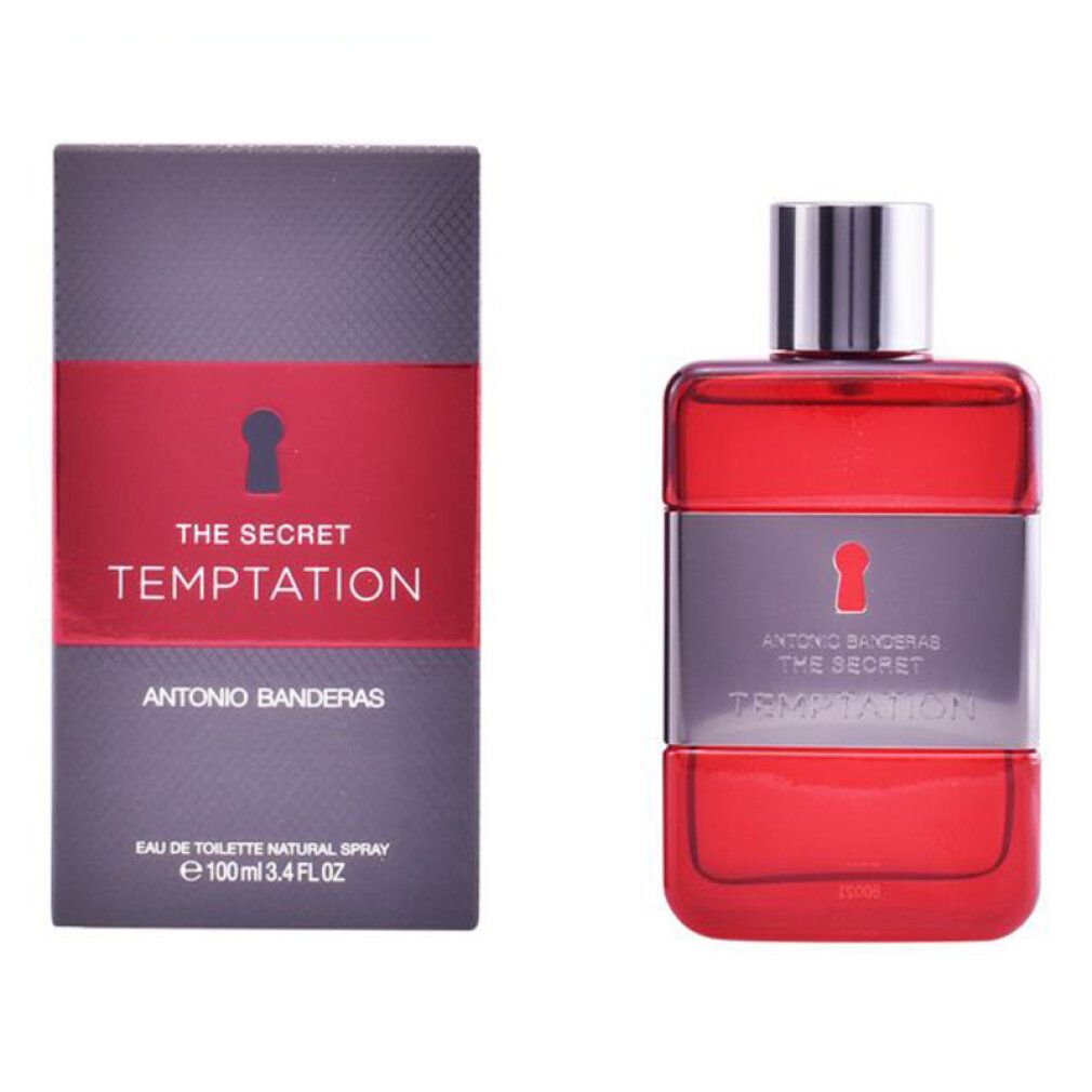 Roter Flakon und Verpackung. Aufschrift: The Secret Temptation. Marke: Antonio Banderas. Eau de Toilette.