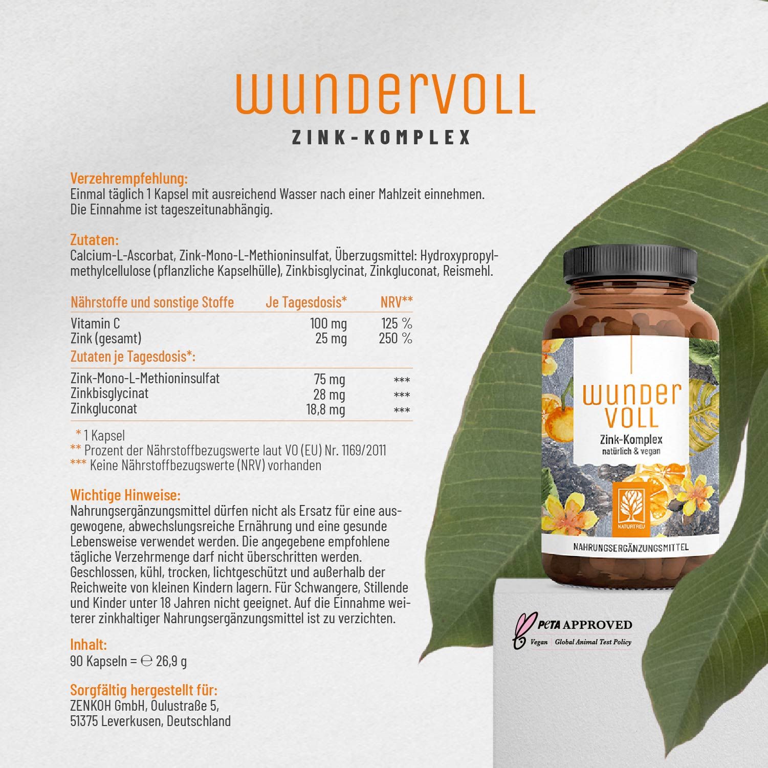 Produktinformationen: WUNDERVOLL Zink-Komplex. Verzehrempfehlung. Inhaltsstoffe. Nährstoffe. Flasche mit Etikett. Logo: Baum. Pflanze im Hintergrund.