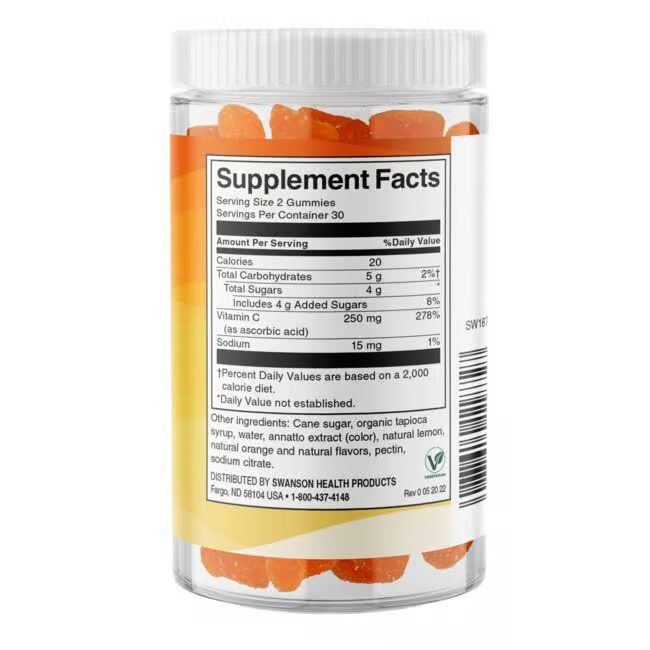 Rückseite einer transparenten Dose mit Vitamin C Gummies. Etikett mit Nährwertangaben, Inhaltsstoffen und "SWANSON HEALTH PRODUCTS".