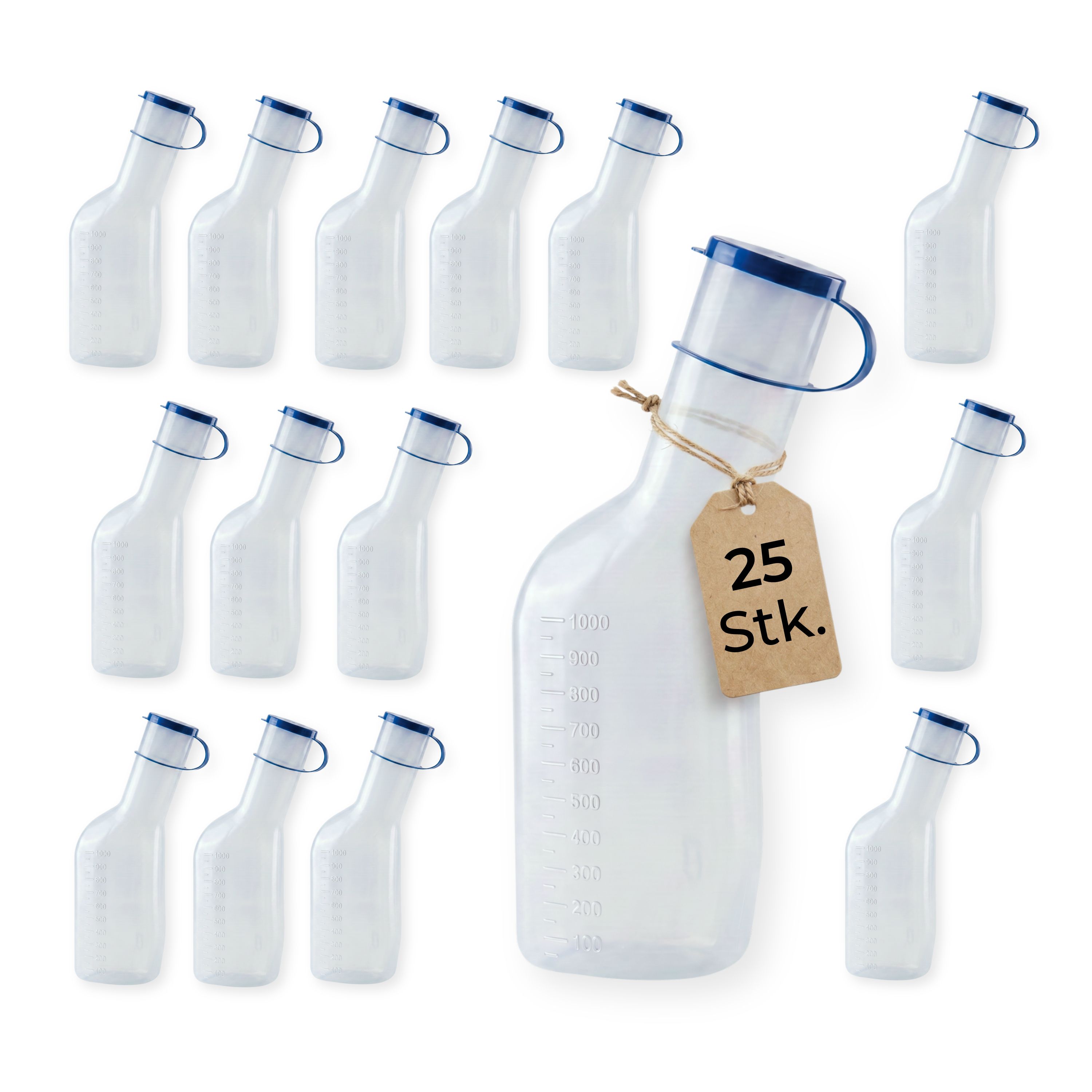 Mehrere transluzente Urinflaschen mit blauen Verschlüssen und Henkeln, eine Flasche mit Etikett '25 Stk.'