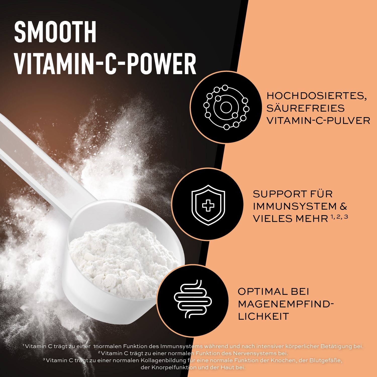 Text: SMOOTH VITAMIN-C-POWER. Vorteile: Immunsystem, Nervensystem, magenfreundlich. Löffel mit Pulver.