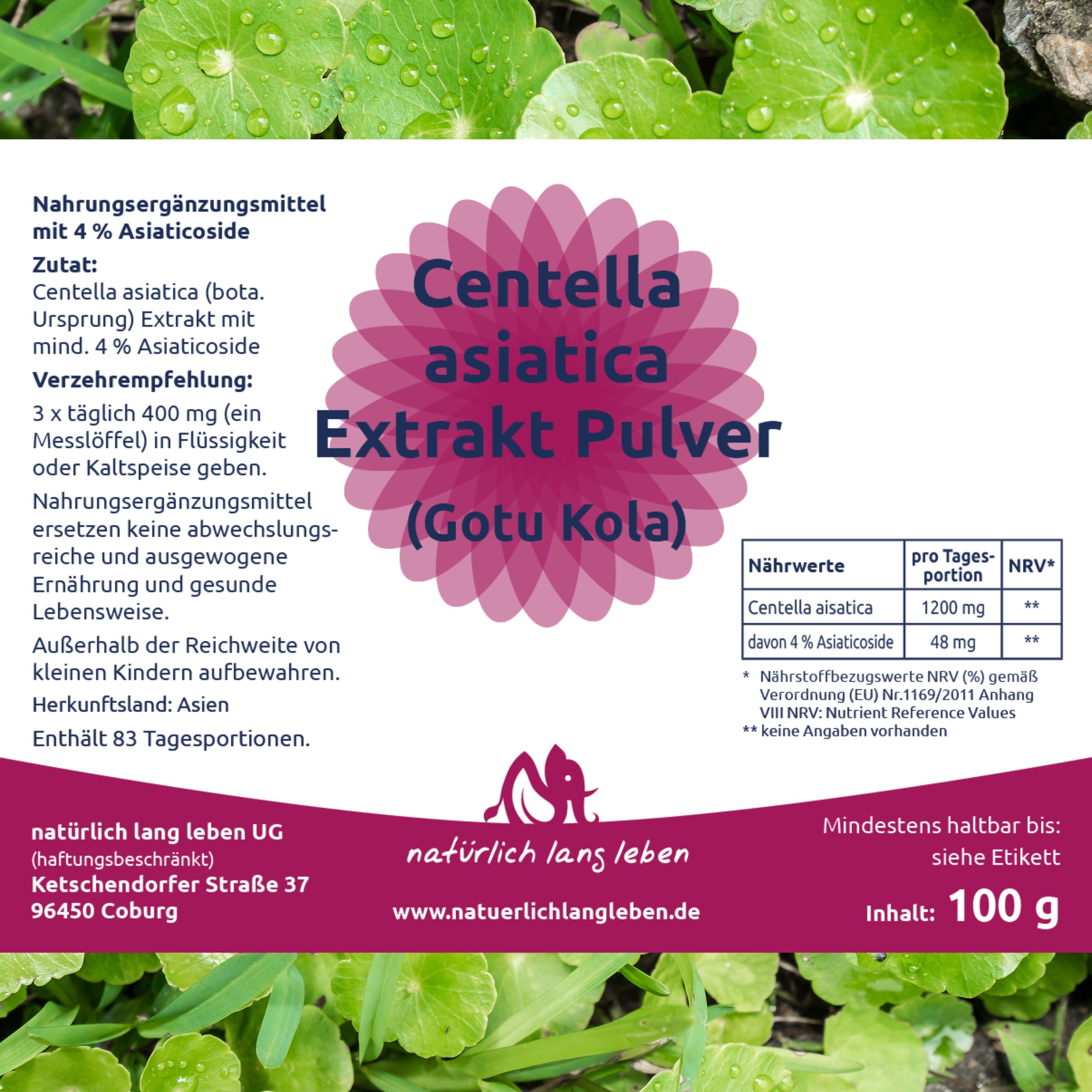 Etikett mit Produktinformationen. Centella asiatica Extrakt Pulver. Angaben zu Inhaltsstoffen, Dosierung und Nährwerten. Marke: natürlich lang leben.