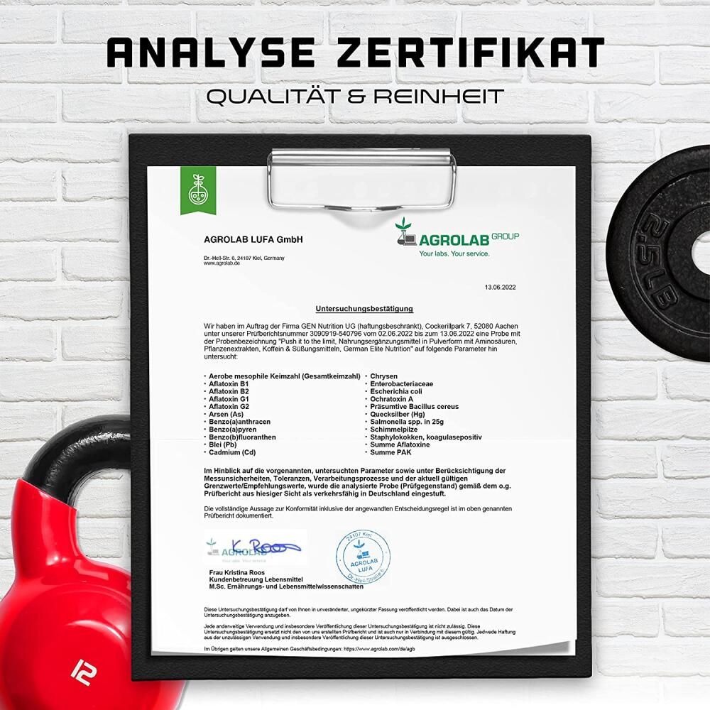 Analyse Zertifikat von Agrolab LUFA GmbH für GEN Push It to the Limit. Zeigt Ergebnisse von Tests auf Qualität und Reinheit.