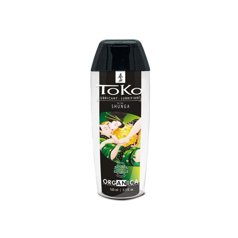 Toko Organica Shunga Gleitmittel in transparenter Flasche mit schwarzem Verschluss. Etikett mit asiatischem Motiv und Produktinformationen.