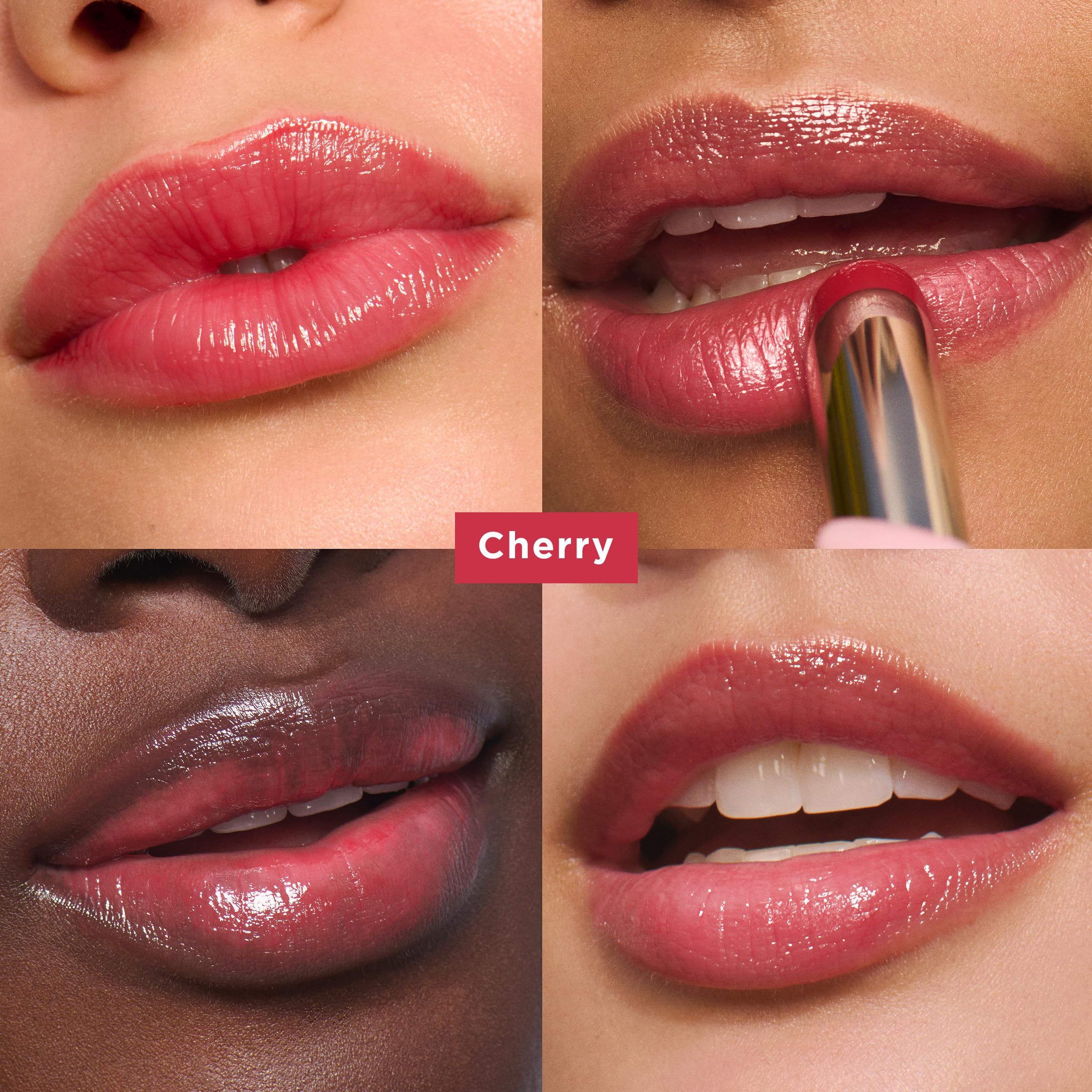 Vier Nahaufnahmen von Lippen mit Lip Oil Balm. Produktname: Cherry. Lippen in verschiedenen Hauttönen.
