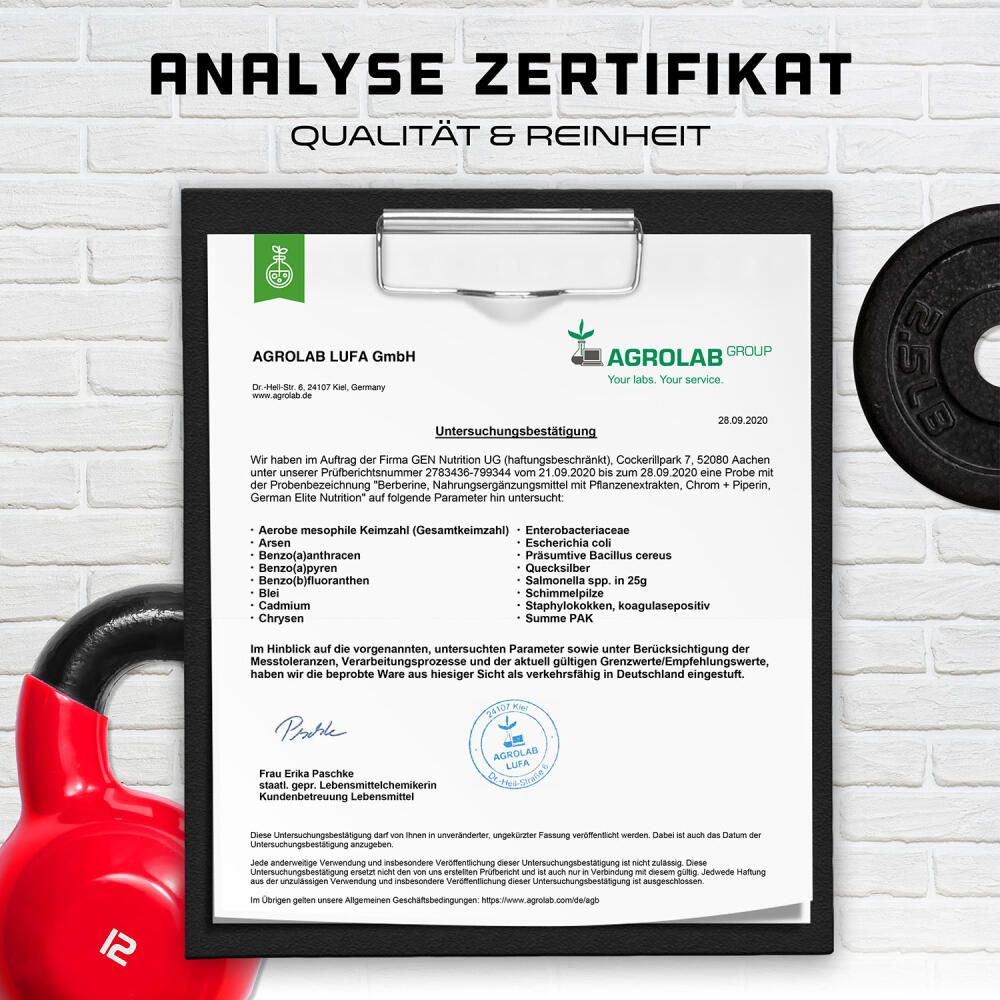 Analyse Zertifikat: Qualität & Reinheit. Agrolab LUFA GmbH, Untersuchungsergebnisse, Chargennummer.