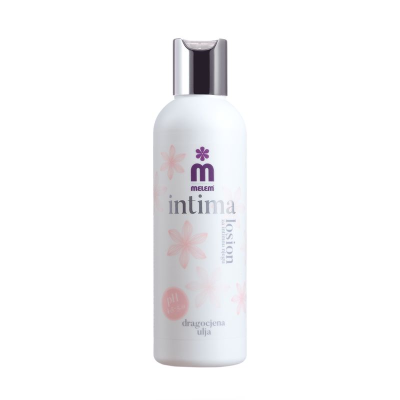 Weiße Flasche Intimpflege-Lotion. Aufschrift: Intima, Melem, Lotion. Mit rosa Blüten und pH-Wert-Angabe.