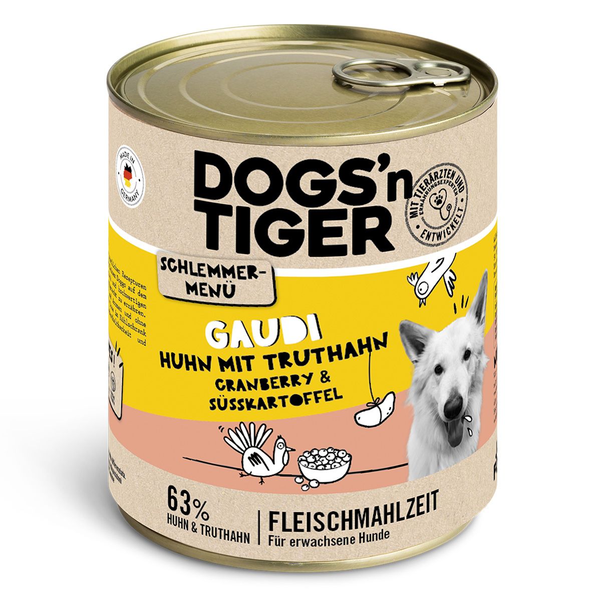 Hundefutterdose. Aufschrift: Dogs'n Tiger, Gaudi, Huhn mit Truthahn, Cranberry & Süßkartoffel. 63% Fleischmahlzeit. Mit tierärztlicher Entwicklung.