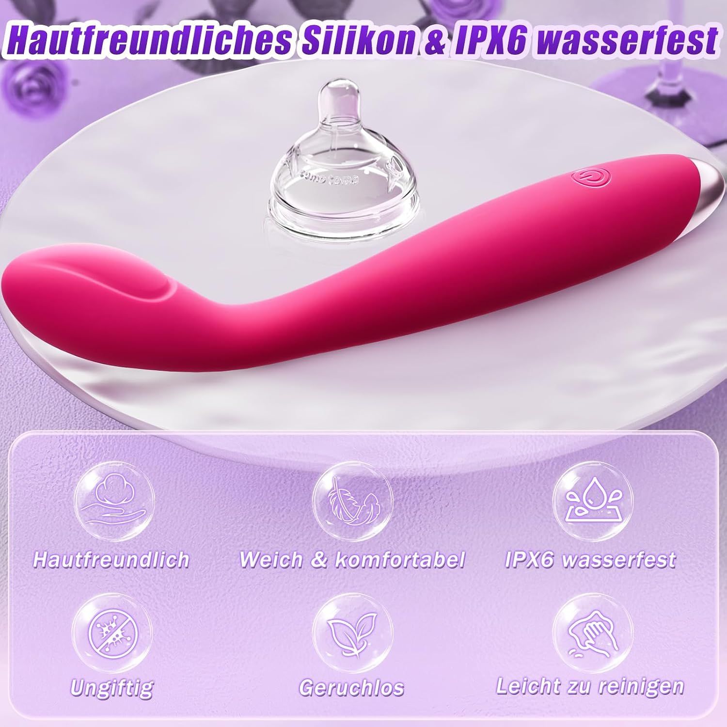 Roter Vibrator aus hautfreundlichem Silikon, IPX6 wasserfest. Weich, komfortabel, ungiftig, geruchlos, leicht zu reinigen.
