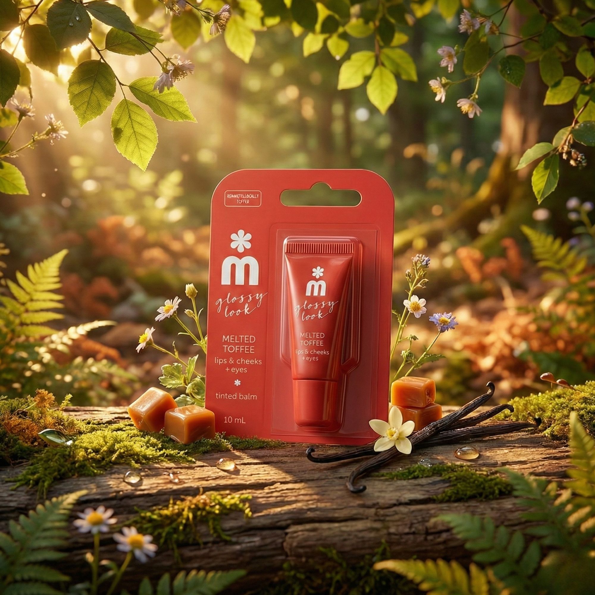 Produktverpackung mit roter Tube, "glossy look", "Melted Toffee", Vanilleschoten und Karamellbonbons.