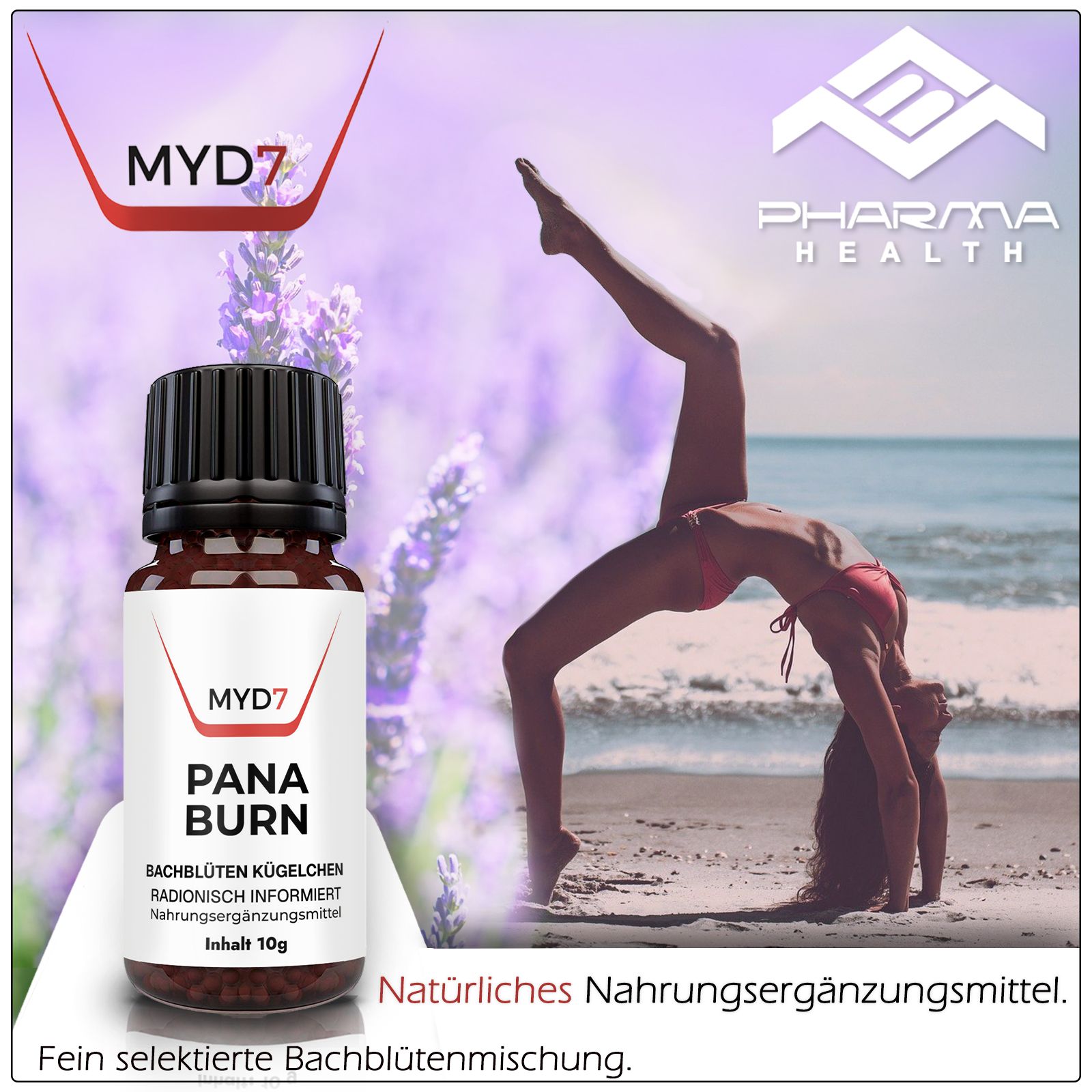 Braune Glasflasche mit schwarzem Deckel. Etikett mit "MYD7", "PANA BURN" und weiteren Texten. Inhalt 10g. Frau macht Yoga.