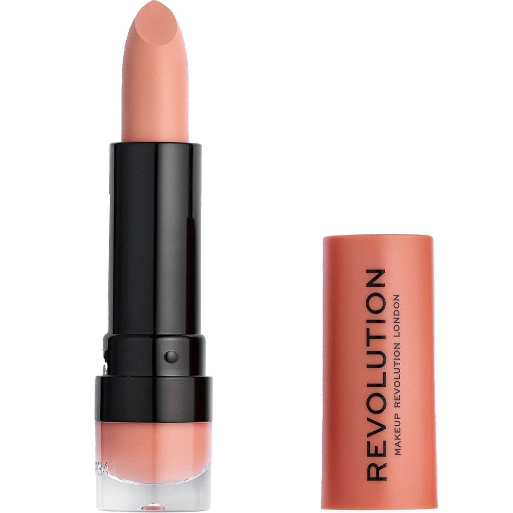 Lippenstift mit geöffneter Kappe. Der Lippenstift ist hellbraun. Die Kappe und der untere Teil sind braun, der Rest ist schwarz. Aufschrift: REVOLUTION MAKEUP REVOLUTION LONDON.