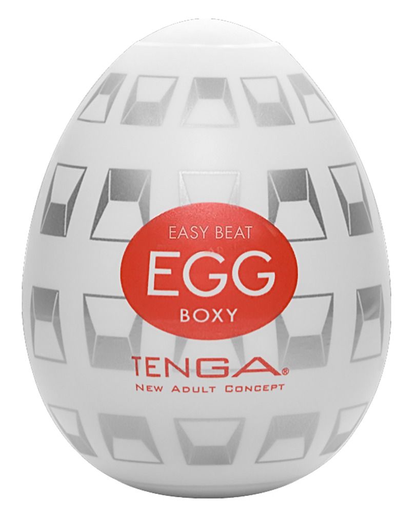 Weißes, eiförmiges Produkt mit geometrischem Muster. Roter Aufkleber mit Text: EASY BEAT EGG BOXY. Marke: TENGA.