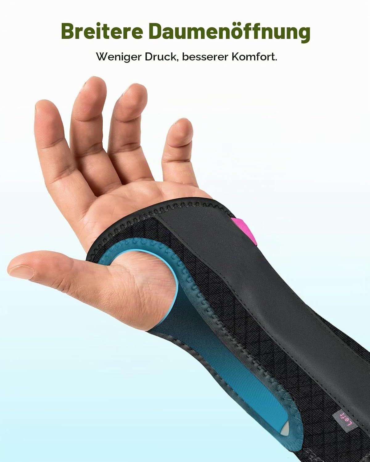 Handgelenkbandage mit breiter Daumenöffnung und blauer Innenpolsterung.