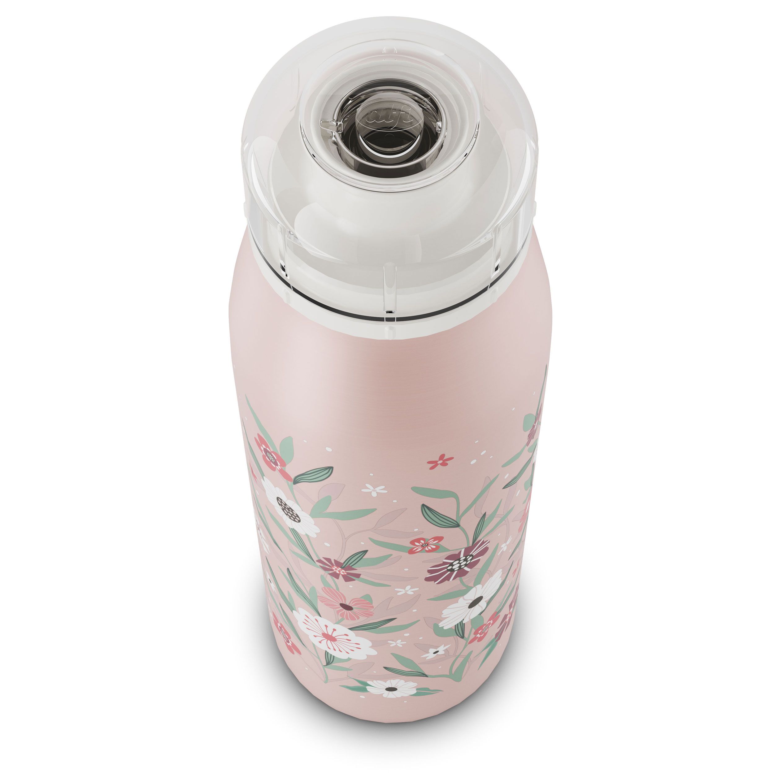 Rosa Isolierflasche mit Blumenmuster, von oben mit abgenommenem Deckel.