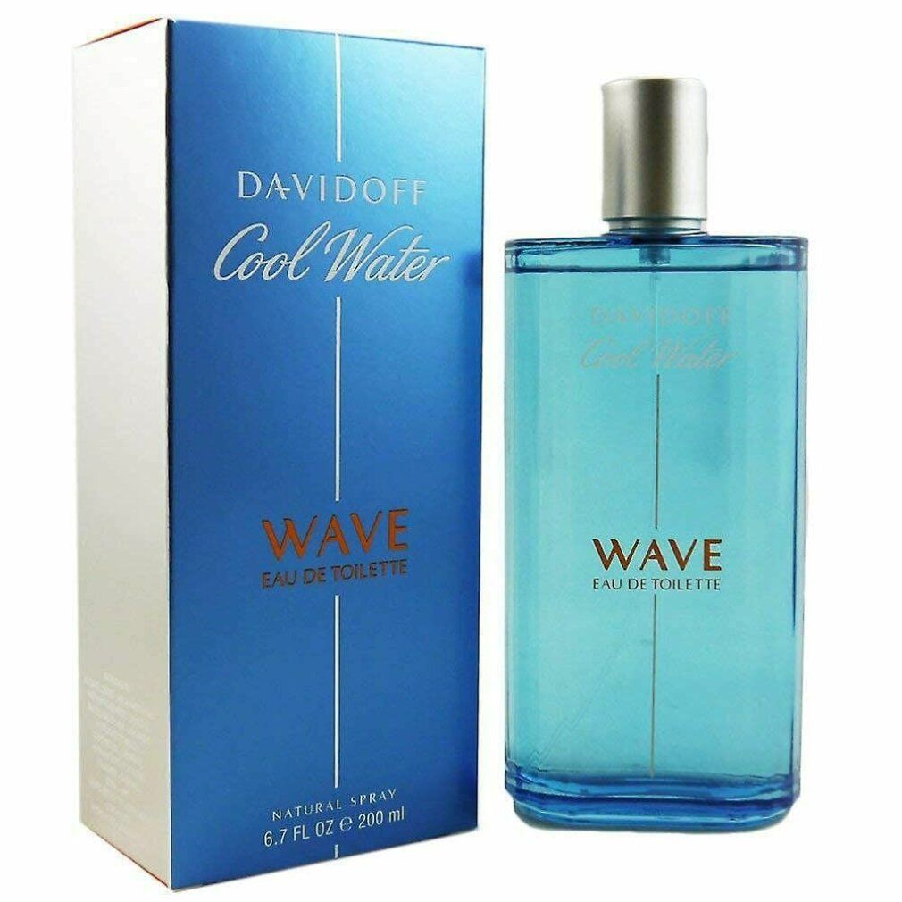 Eau de Toilette Flasche und Verpackung. Aufschrift: Davidoff Cool Water, Wave Eau de Toilette, Natural Spray, 6.7 FL OZ 200 ml.